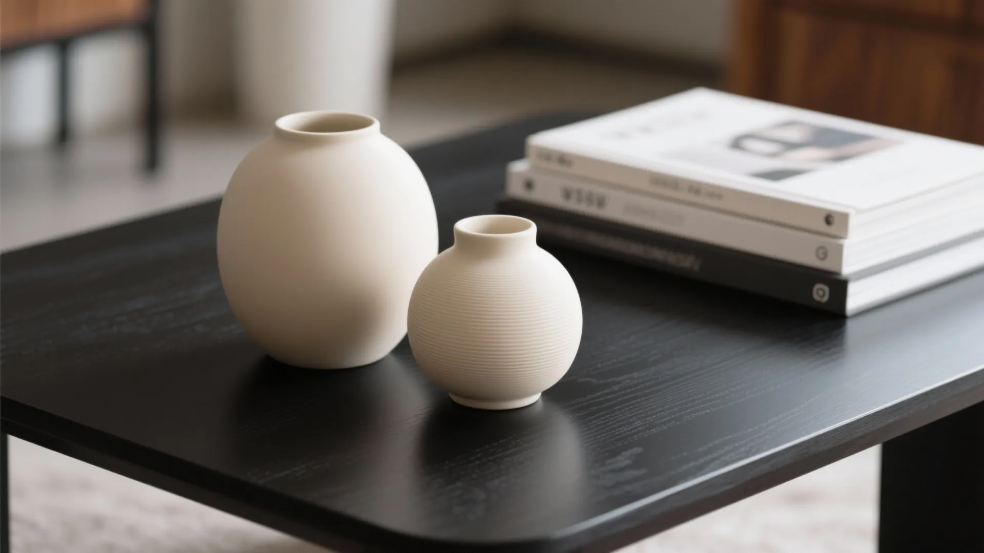 Matte Black Coffee Table with Cream Accessories