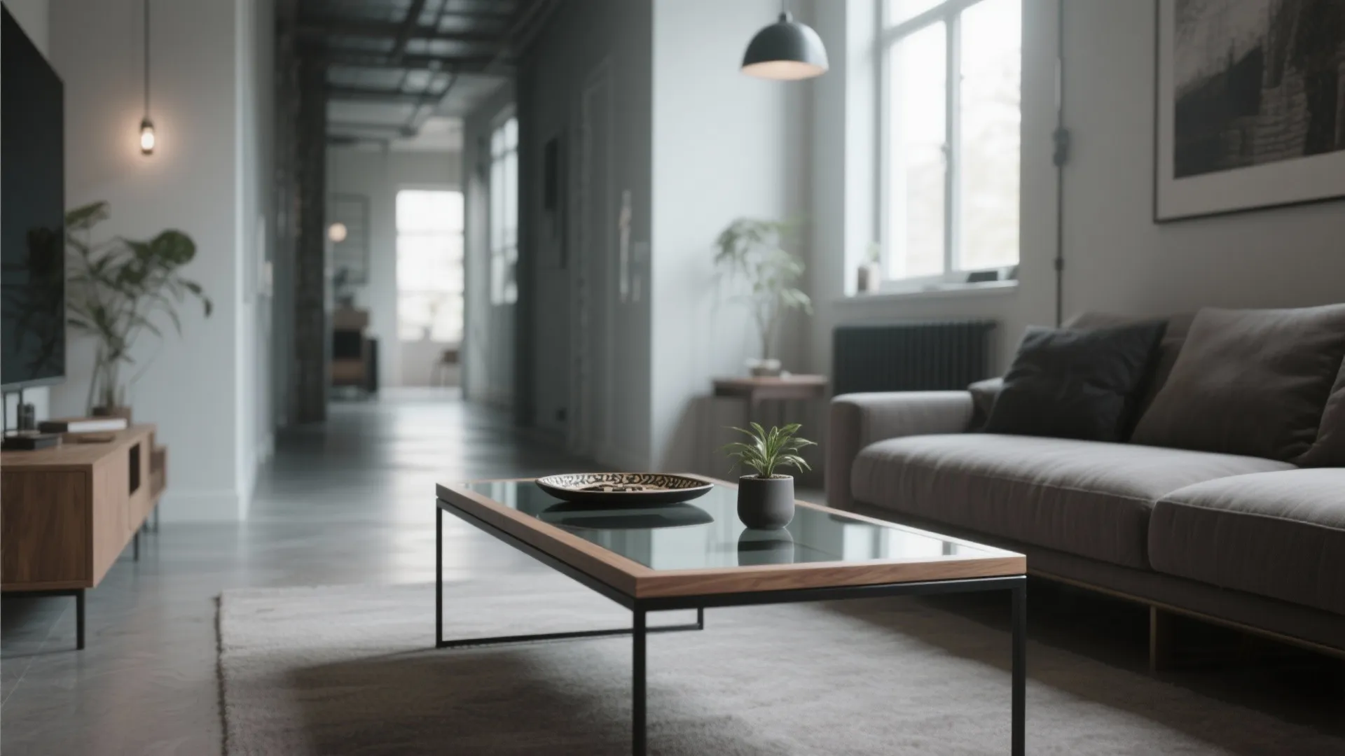 2. Black metal frame coffee table to keep sightlines open