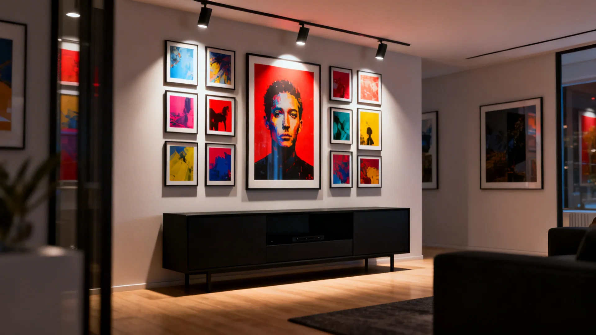 Black media console beneath a gallery wall of colorful prints with directional lighting.