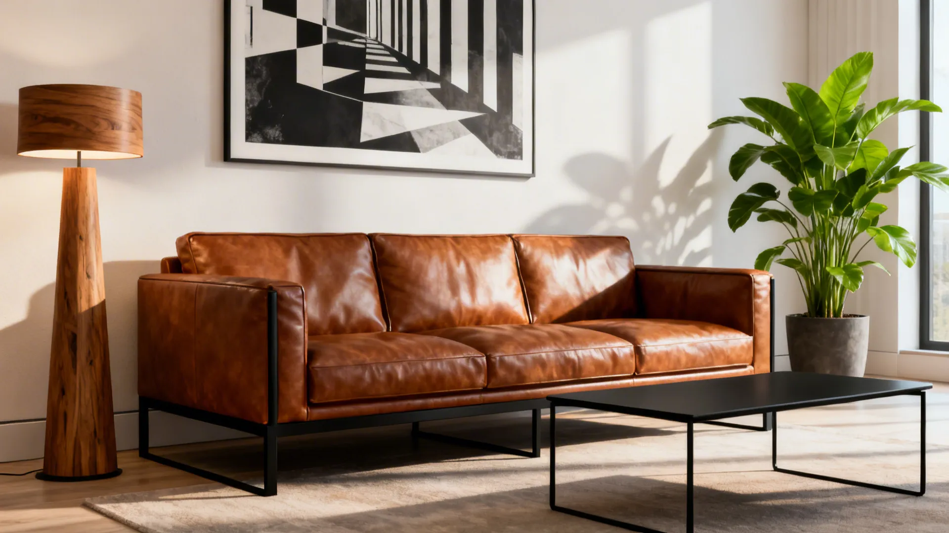 Brown leather sofa with black metal accents, slim black coffee table and black-and-white art.