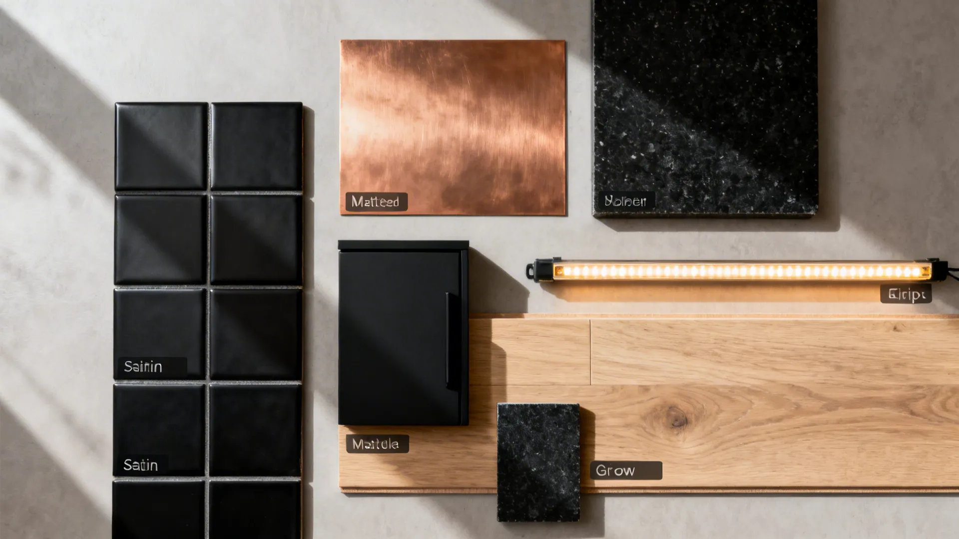 Top-down flat-lay of satin black tile, brushed copper, matte cabinet chip, quartz, LED, oak, and grout.