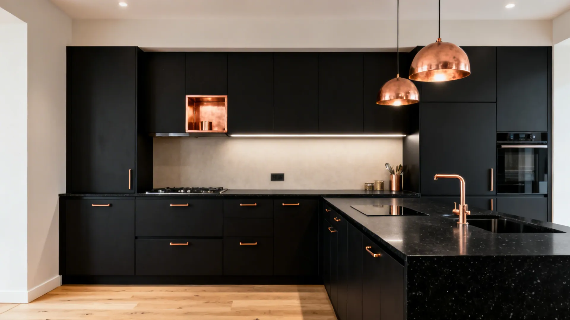 Editorial overview of a small kitchen with matte black finishes and warm copper accents.
