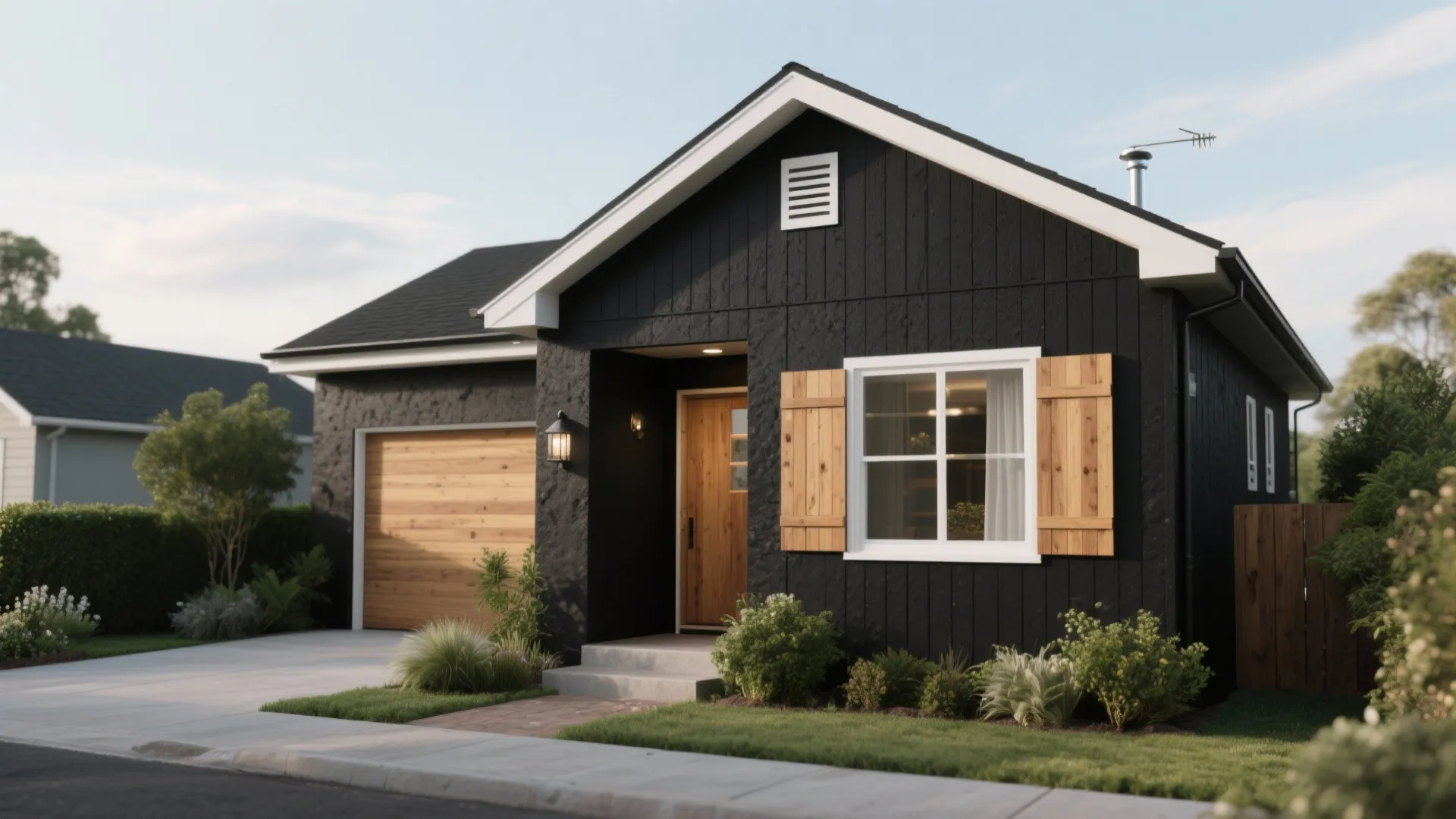 Modern black cottage with wooden garage door and wooden window shutters surrounded by green garden bushes