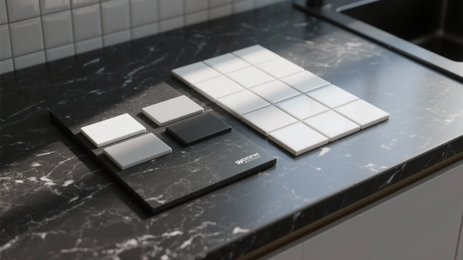 3. Black Countertop, White Backsplash