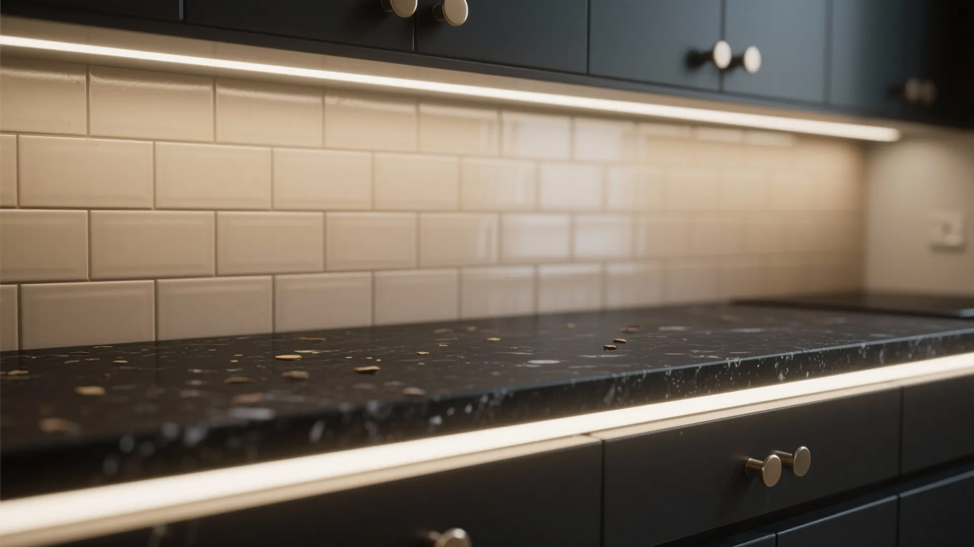 Honed black countertop with warm beige subway tile backsplash and beige grout