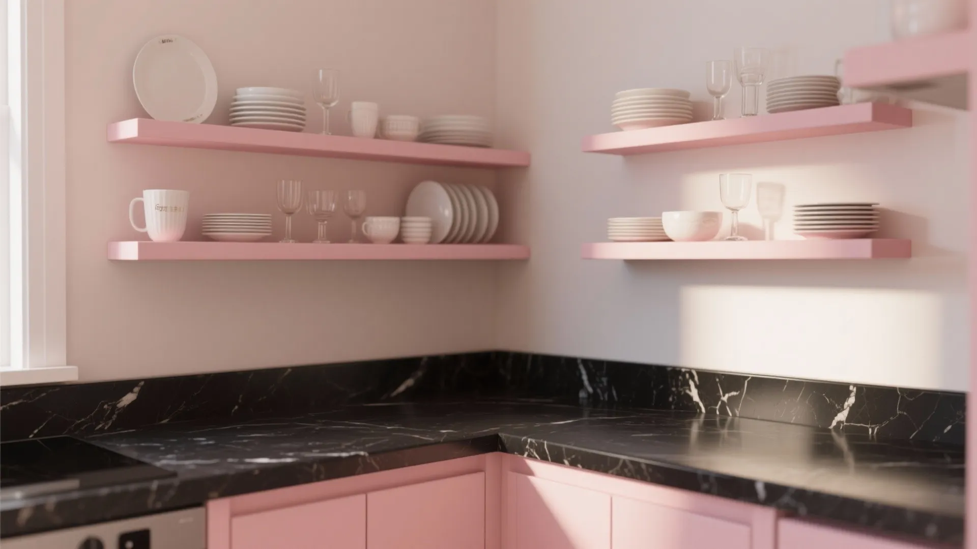 Modern pink kitchen corner featuring black marble countertop and floating pink shelves with white dishes