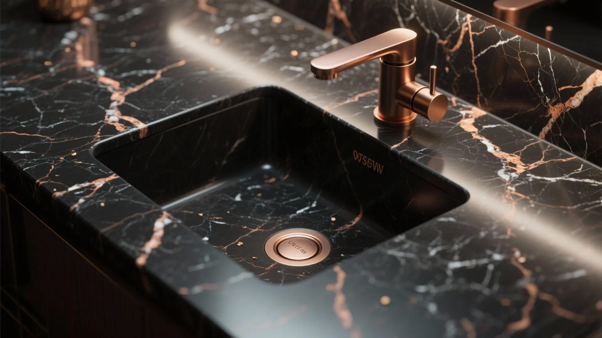 Modern black marble sink with copper faucet and elegant gold veins on a dark countertop
