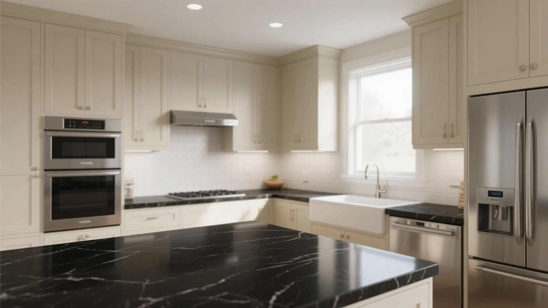 3. Black Countertops on Cream Base