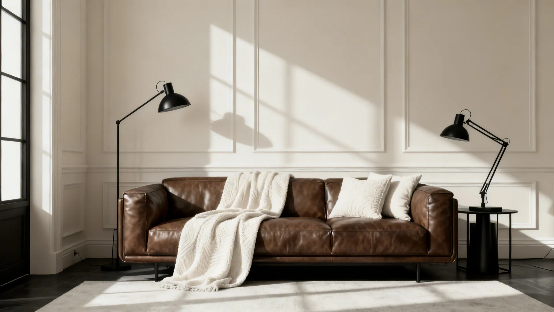 Brown leather sofa in a cream room with black metal accents for a monochrome look