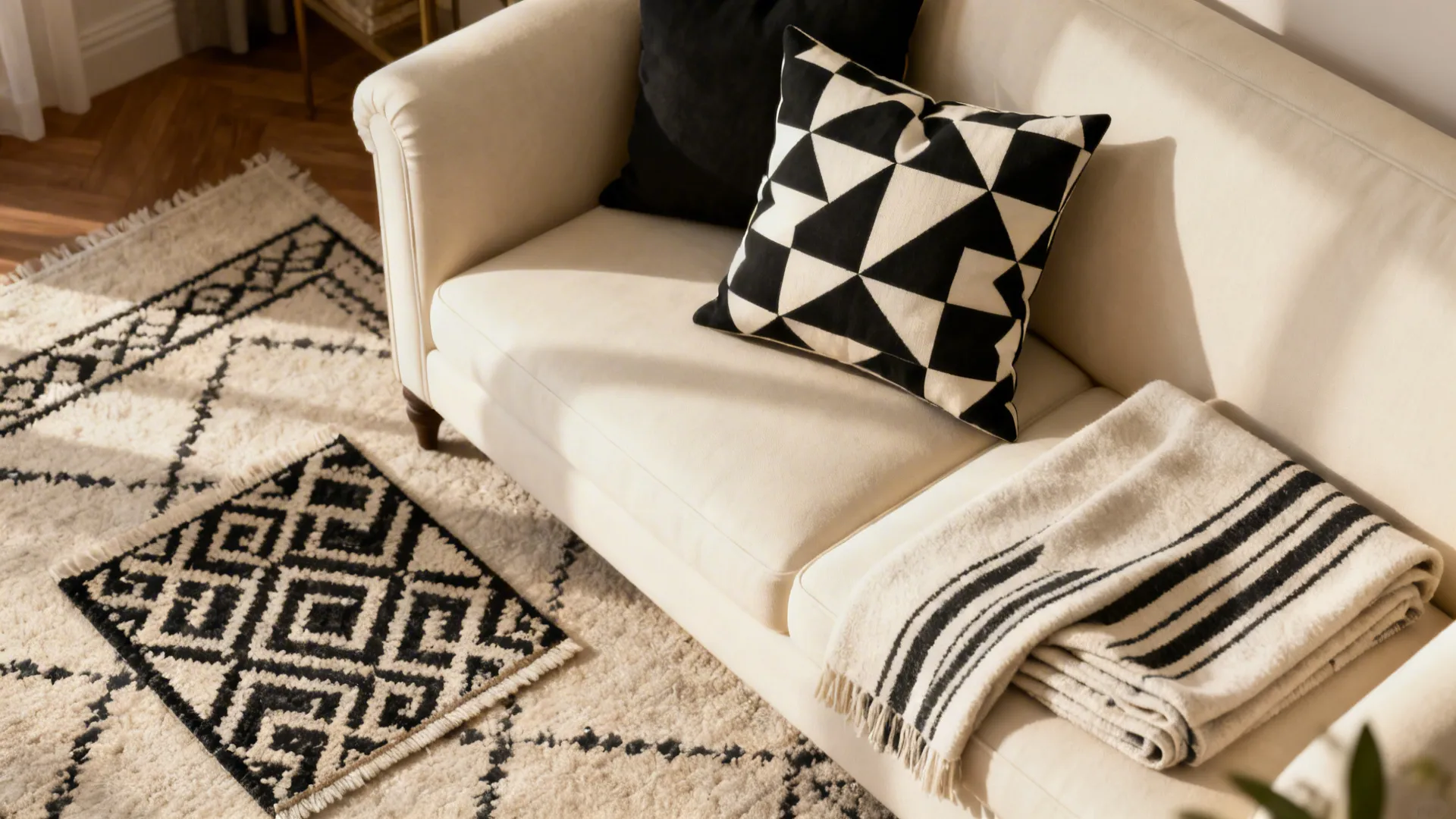 Black-and-cream geometric pillows and patterned rug detail on a cream sofa