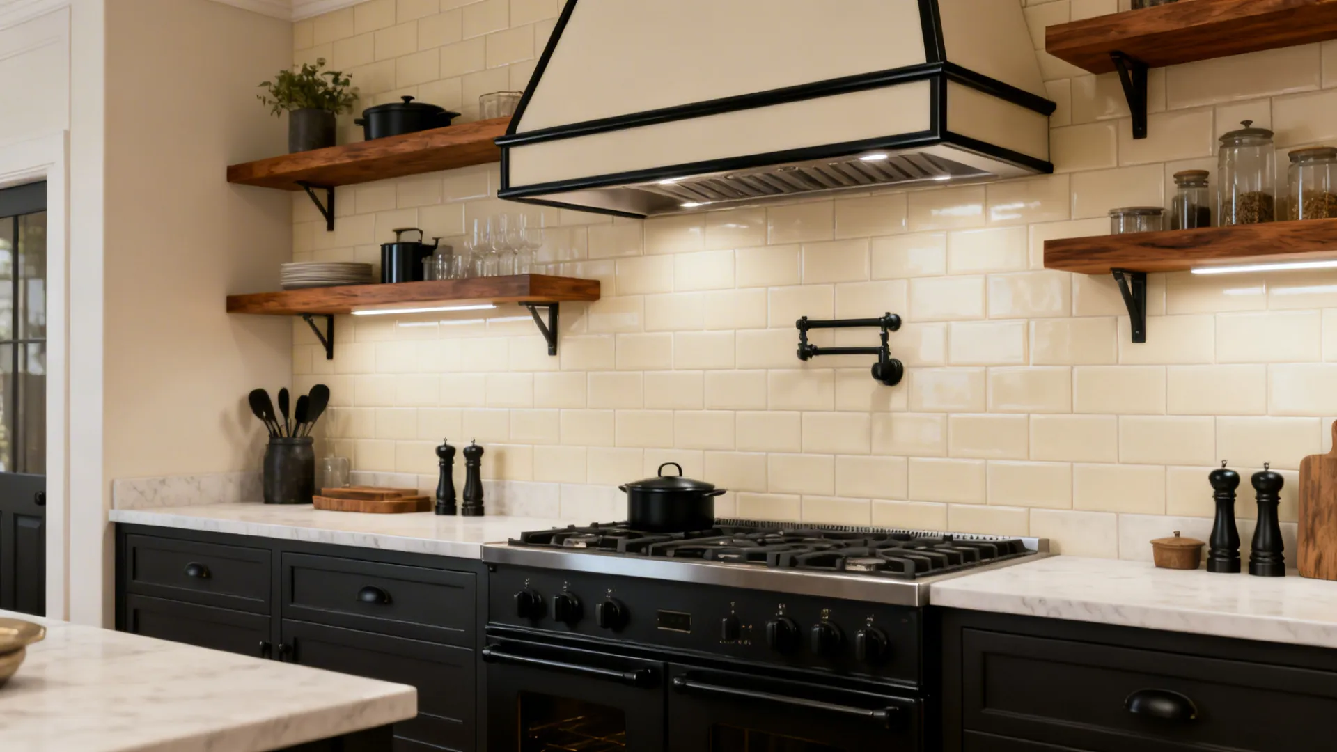 Kitchen interior featuring black cabinets white marble countertops wooden shelves and a large black cooking stove