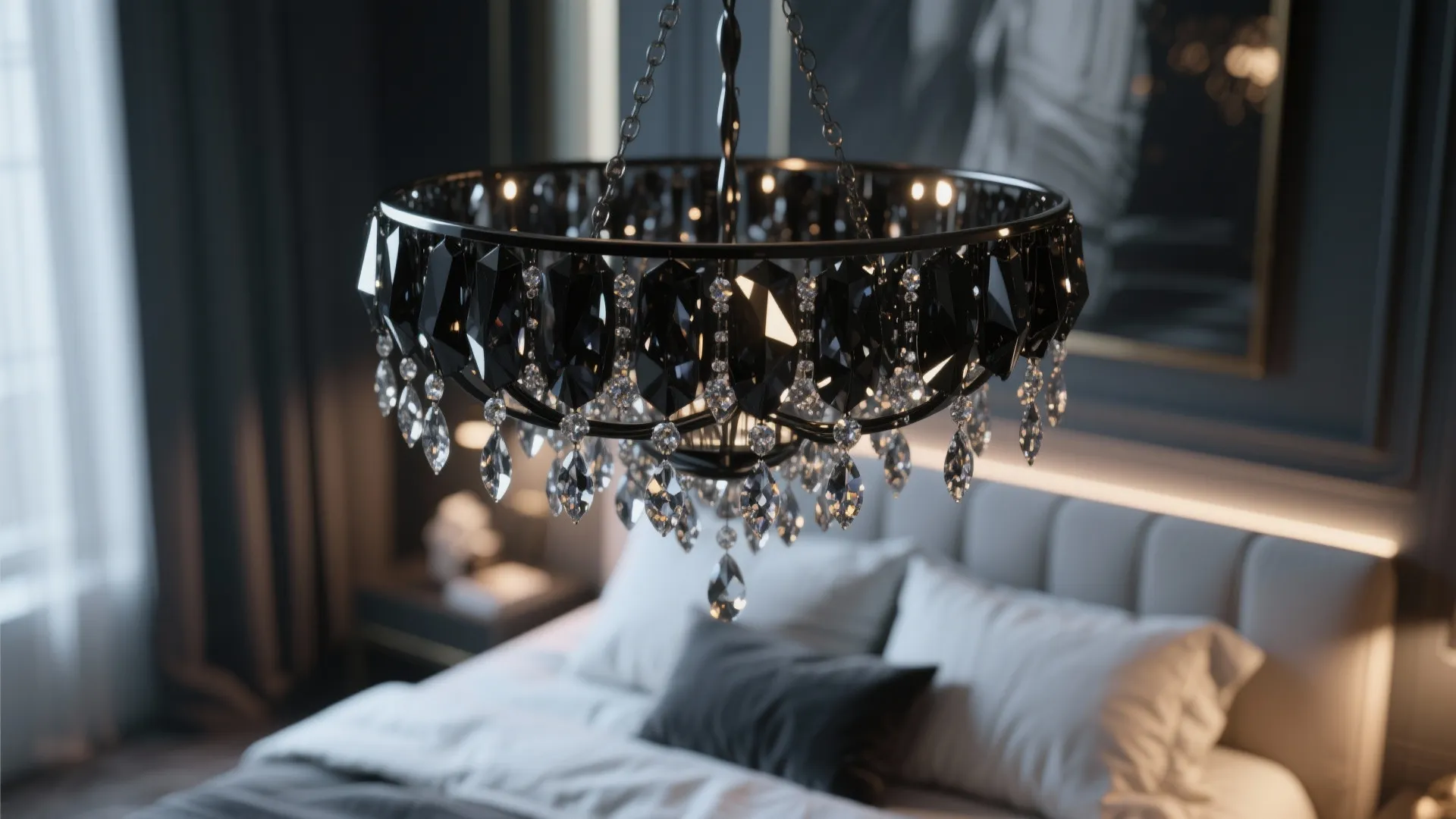 Close up of a black ceiling light with glass crystals hanging in a modern bedroom