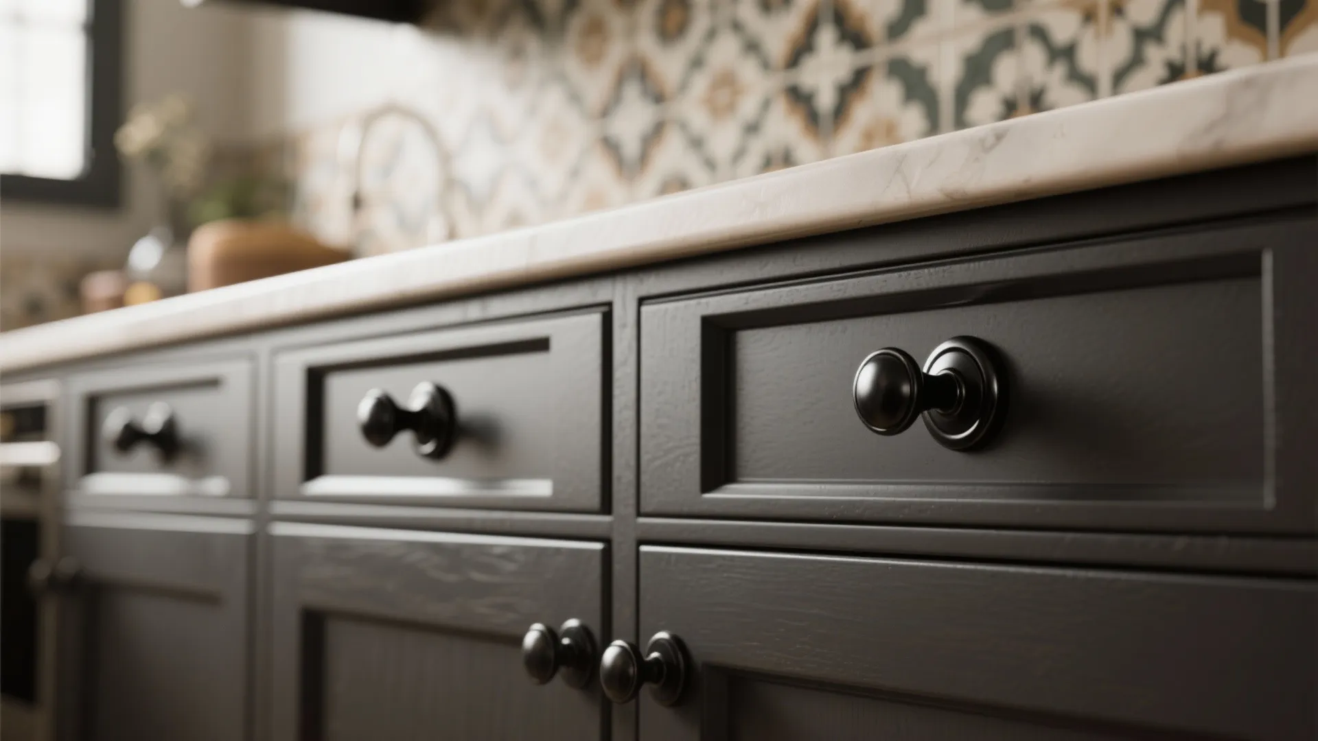 Matte black cup pulls on lower cabinets with patterned backsplash in background