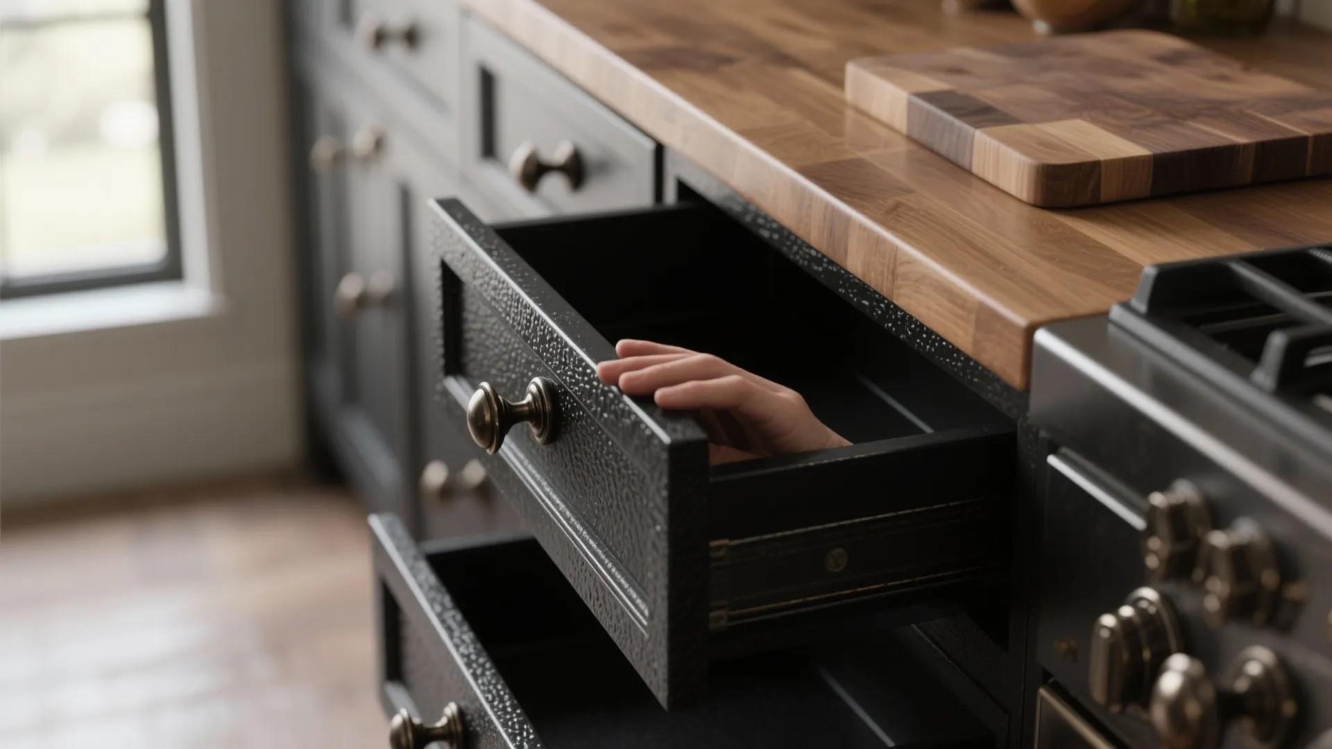 Close up of black kitchen drawer with round handle being opened next to wood countertop