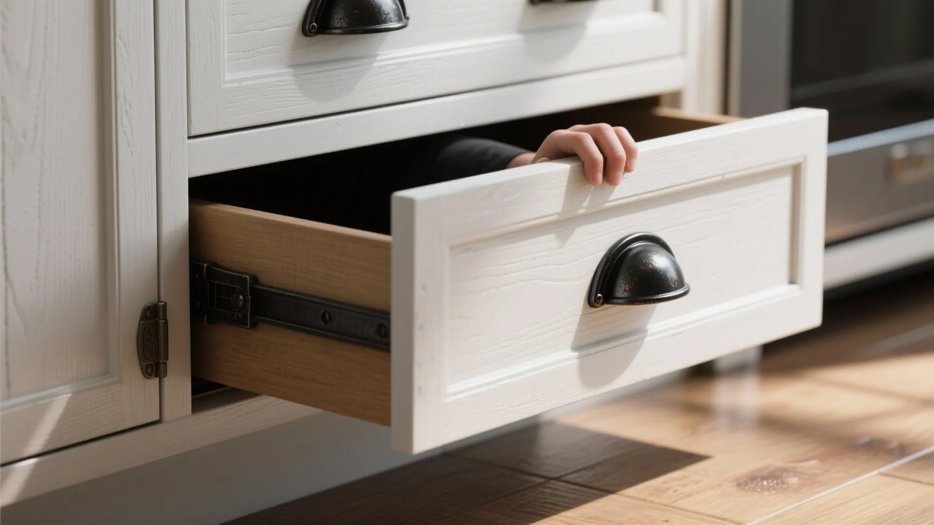 3. Black cup pulls on lower drawers for old-meets-new charm