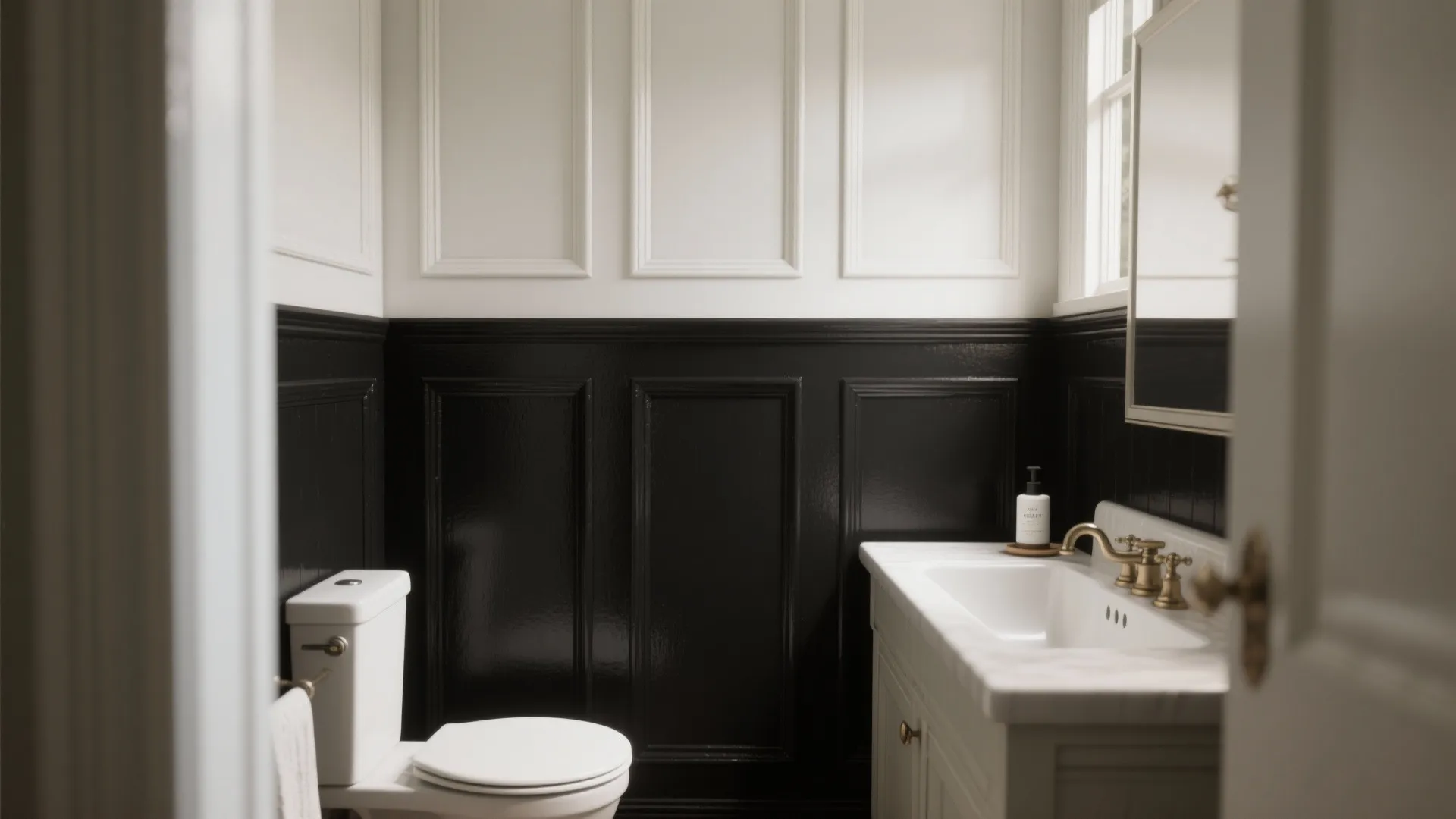 Small bathroom with black dado and white panels creating a vintage profile.