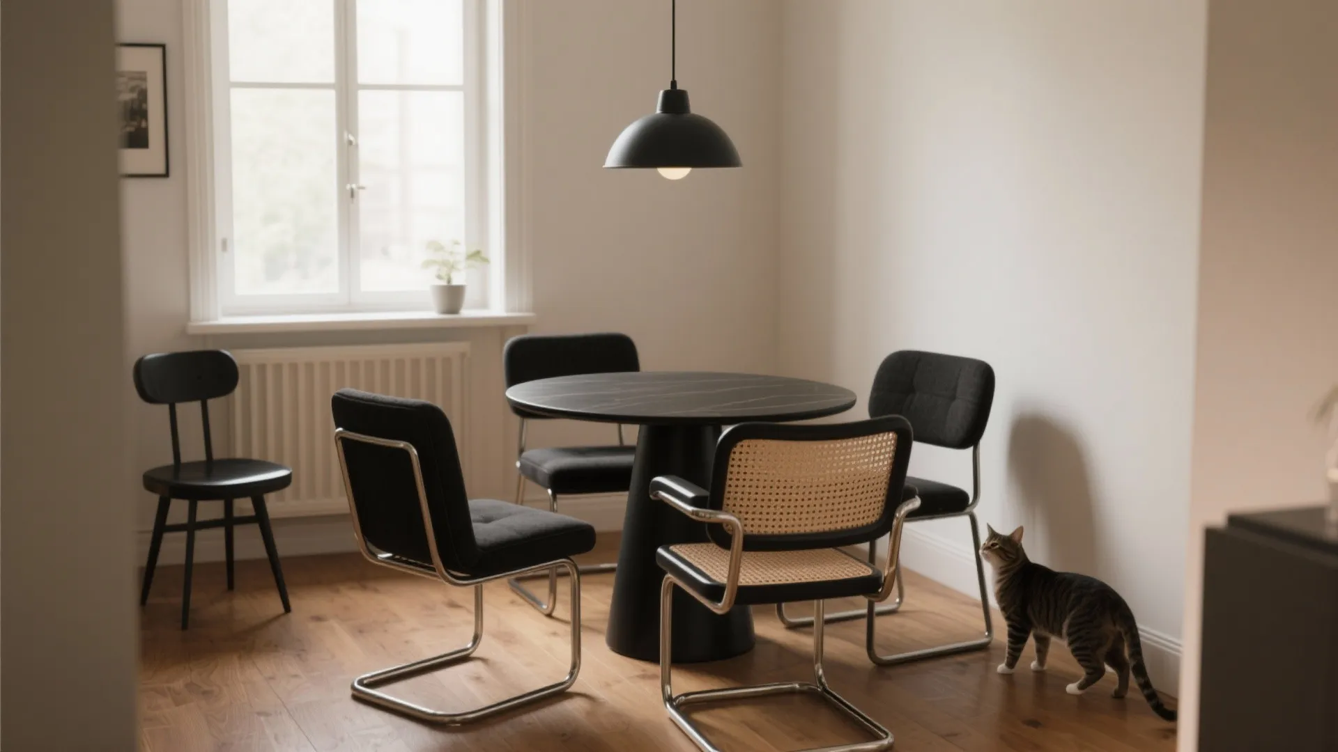 Round black dining table with fabric chairs and woven chair and cat on wood floor