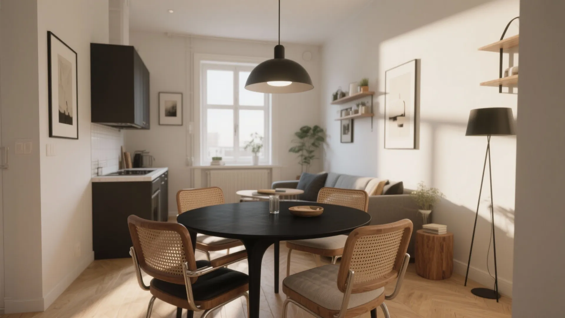 Round black dining table with four wooden chairs near sofa and kitchen in bright open apartment