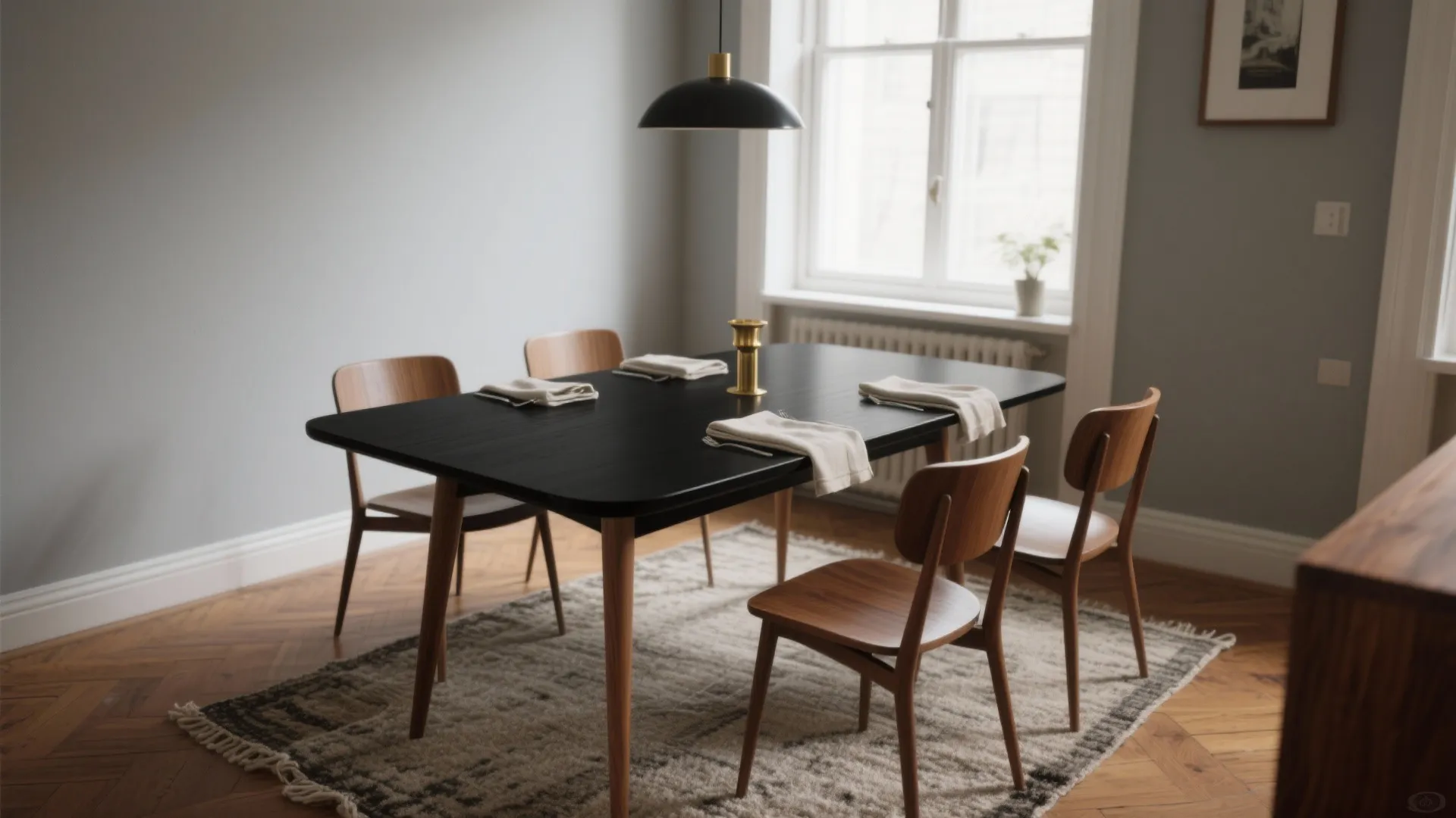Black dining table with wooden chairs on a rug under a black ceiling light fixture