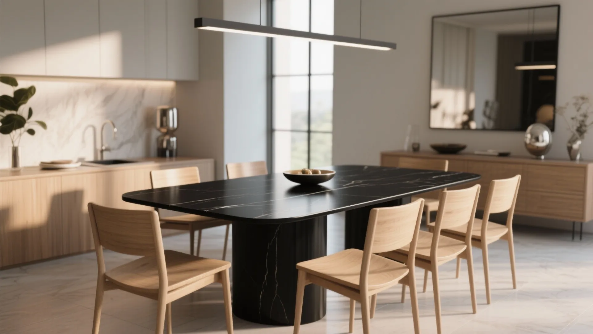Modern kitchen with black marble dining table wooden chairs light fixture and white marble floor