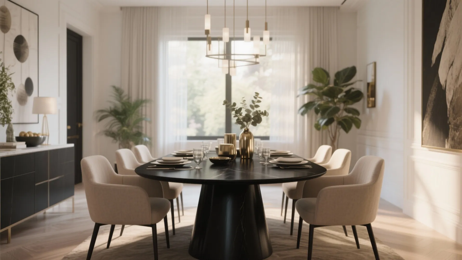 Elegant dining room with black table, beige chairs, gold ceiling light, and green plant decoration