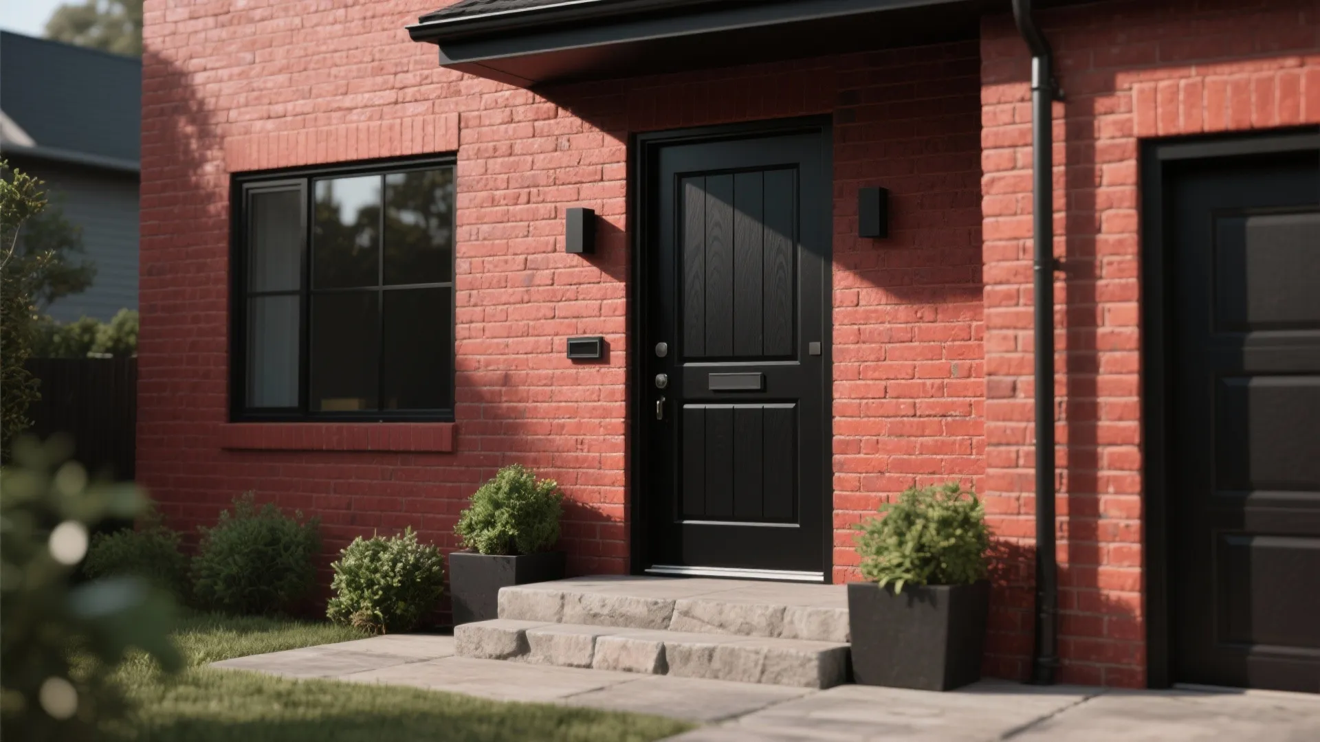 Modern red brick house exterior featuring a black front door with stone steps and plants