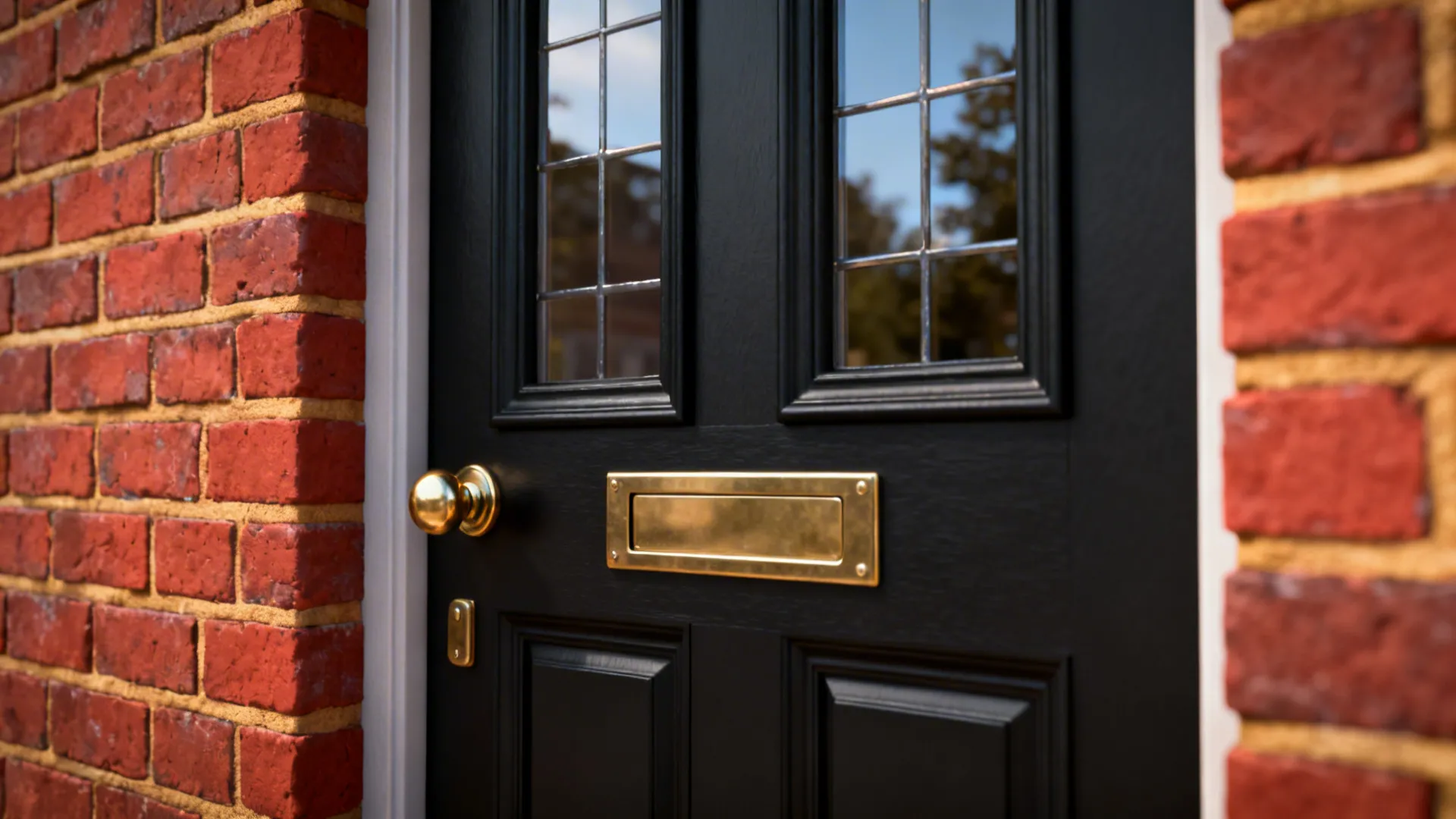 Close-up of a black front door with brass hardware against red brick.