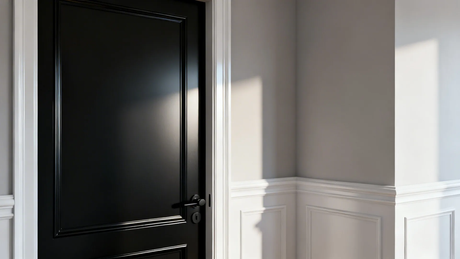 Soft black door framed by crisp white trim in a modern interior