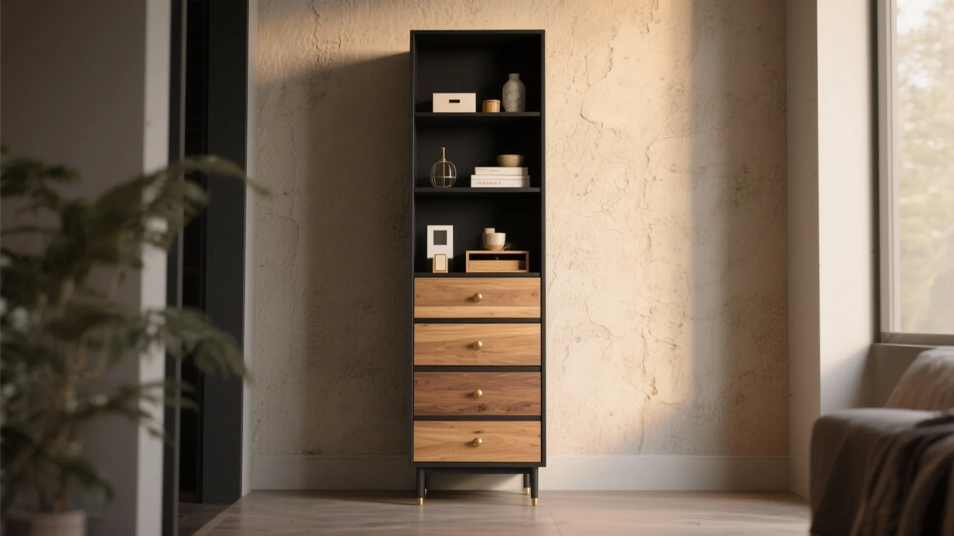 Tall black cabinet with wooden drawers and open shelves decorated with vases and small items