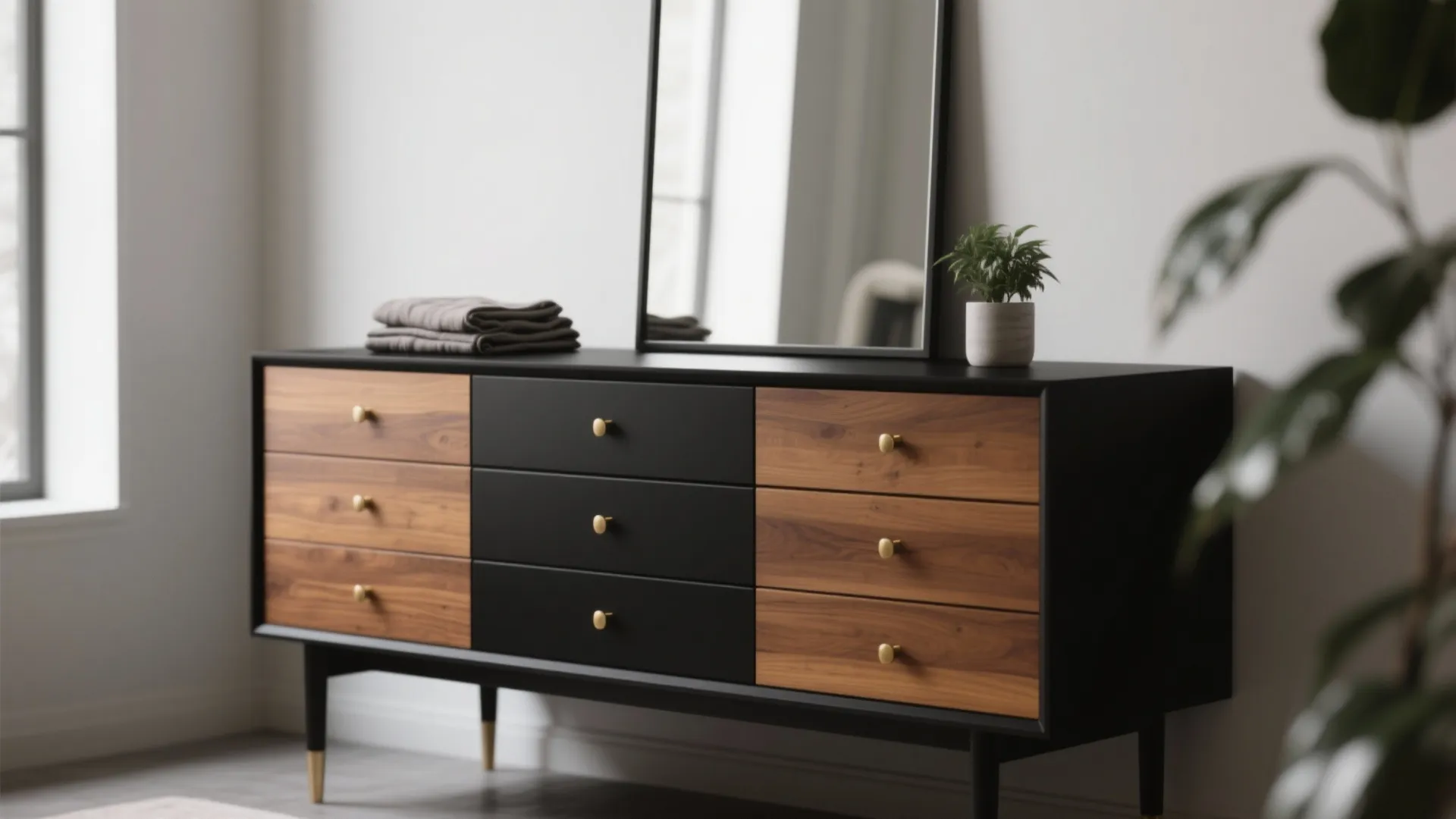 5. Minimalist black dresser with mixed materials