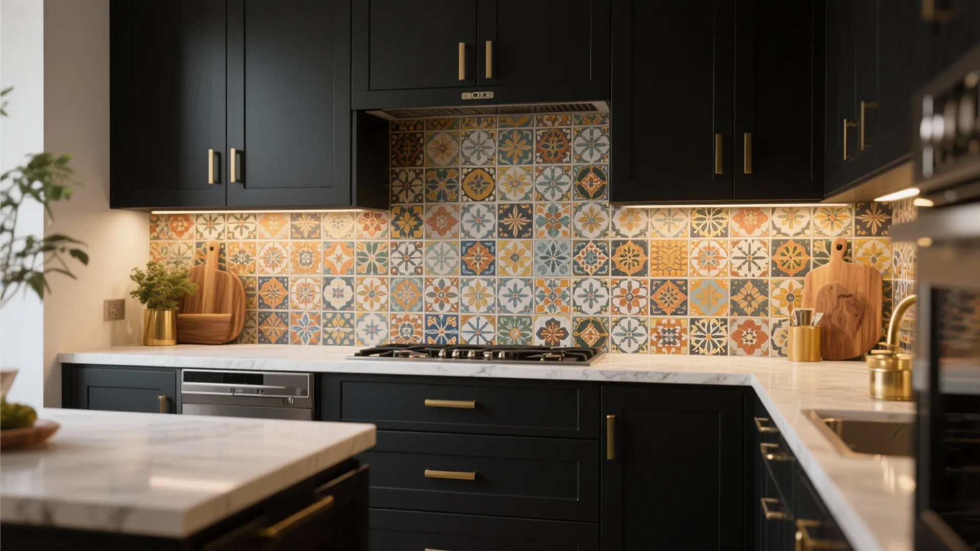 Rustic black cabinets with a colorful patterned encaustic tile backsplash and warm wood accents.