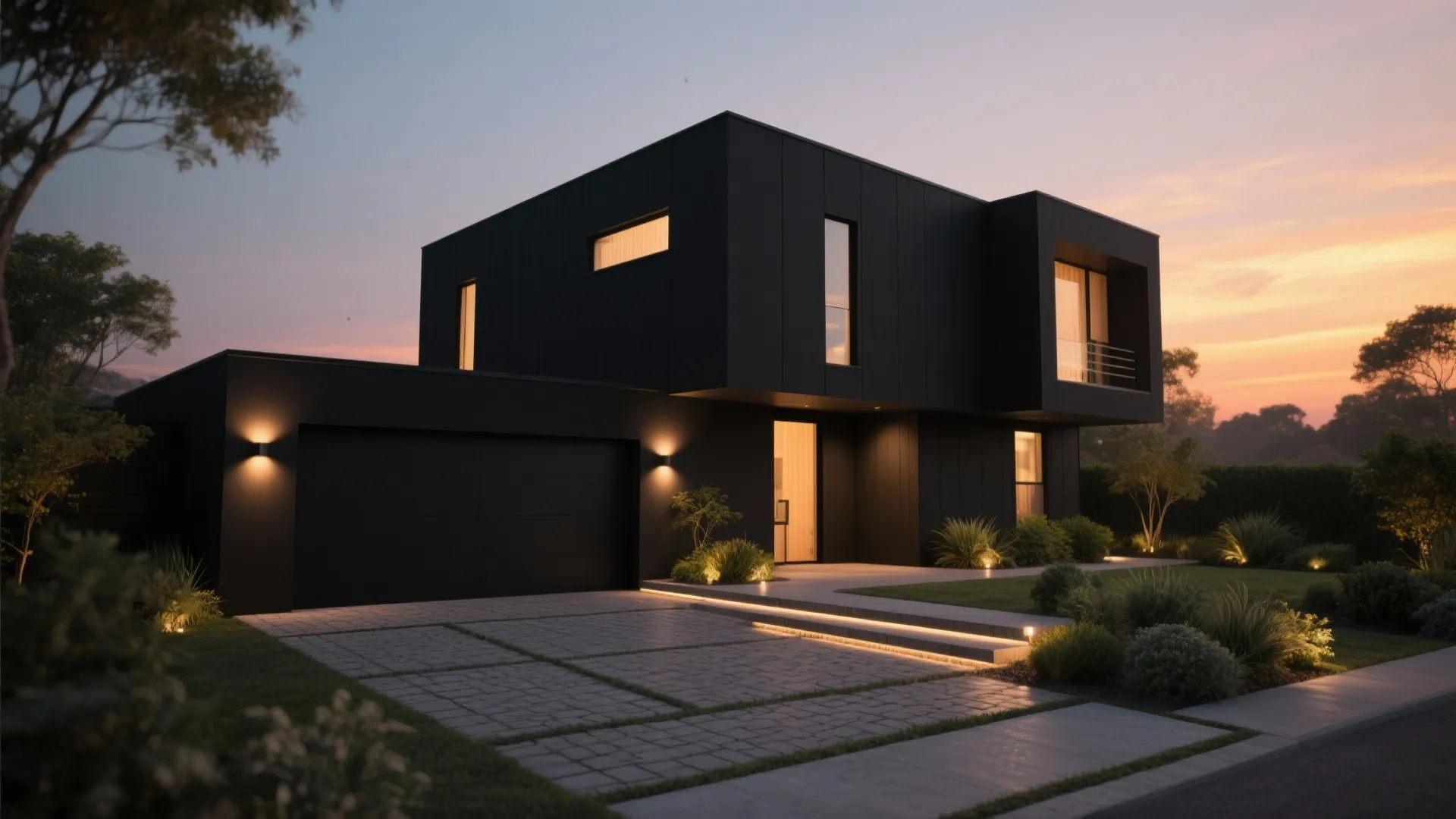 5. Balance exterior black with landscaping and lighting