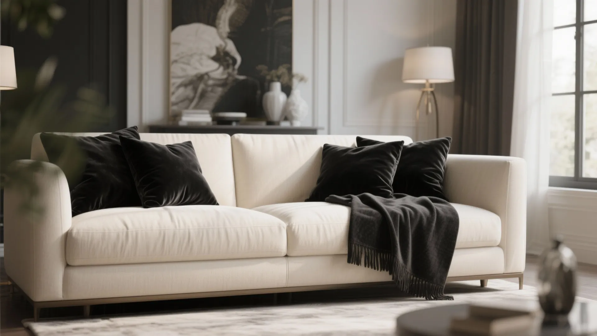 Cream sofa with black velvet cushions for contrast