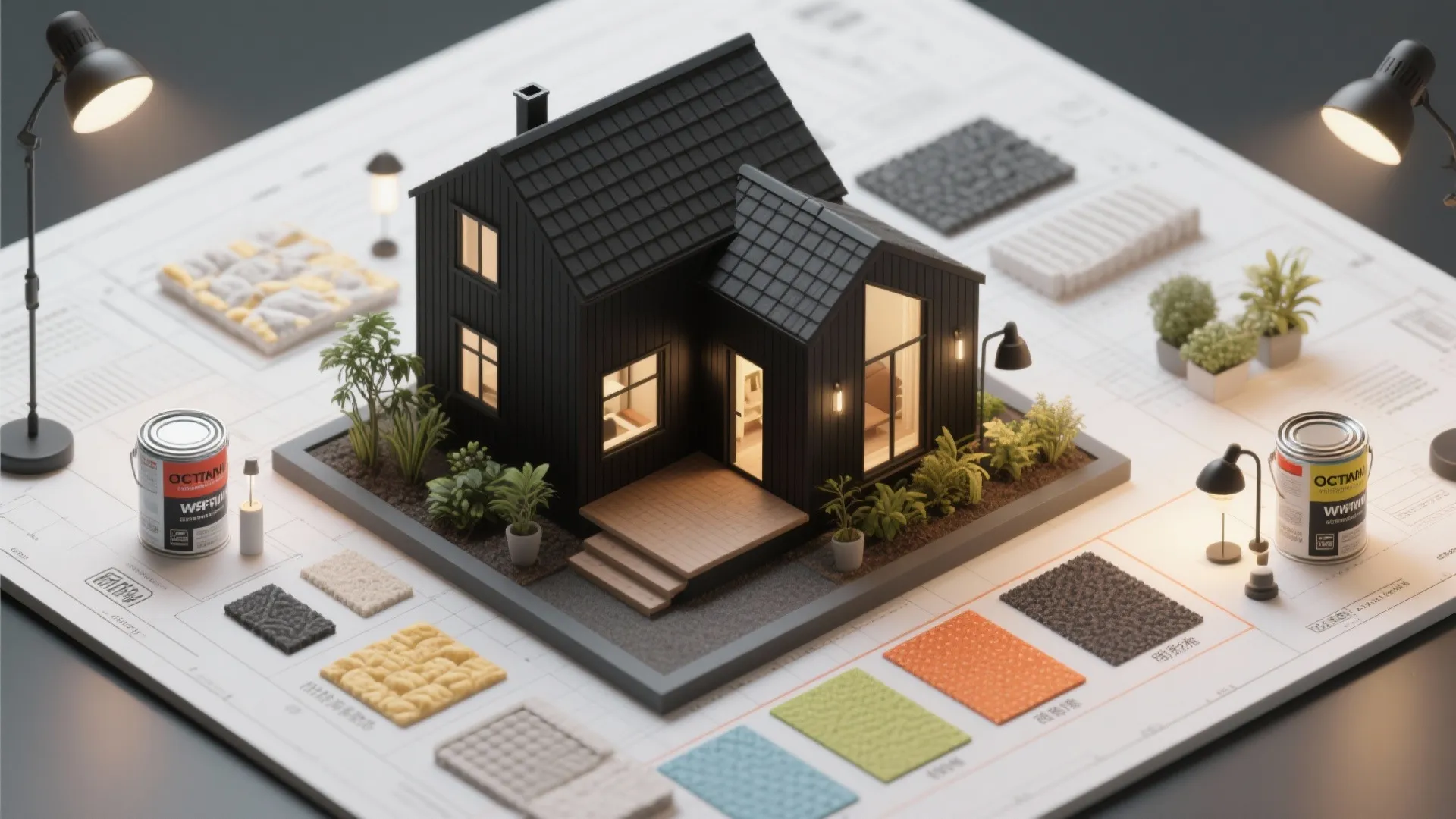 Small black house model on floor plan with paint cans materials samples and desk lamps