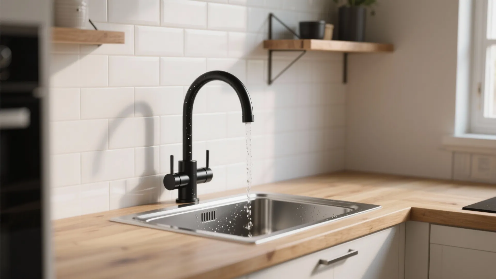 Modern black tap with running water in a silver kitchen sink with wood countertop and tiles