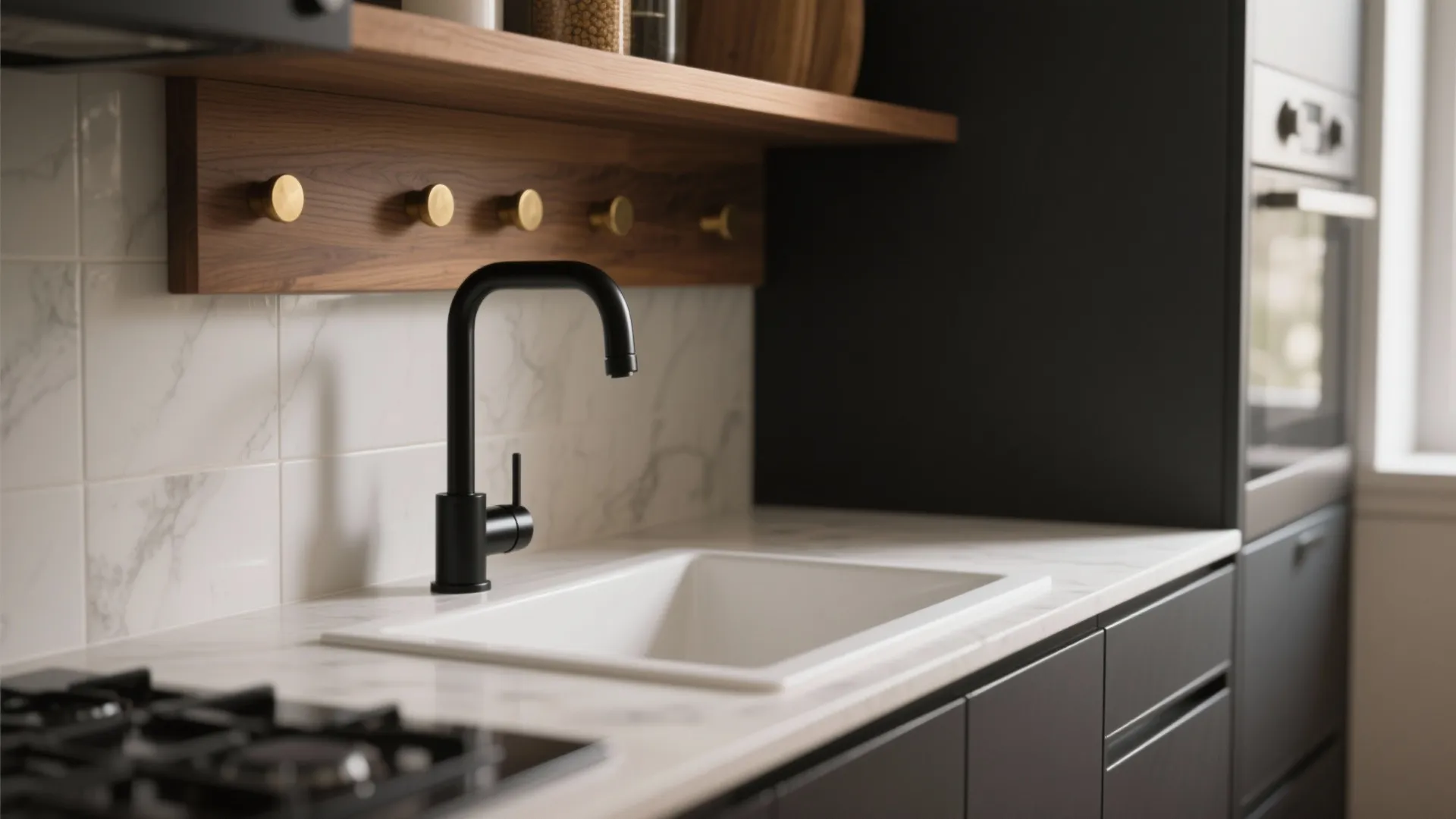Modern black kitchen tap with white sink marble wall and wooden shelf in minimalist room