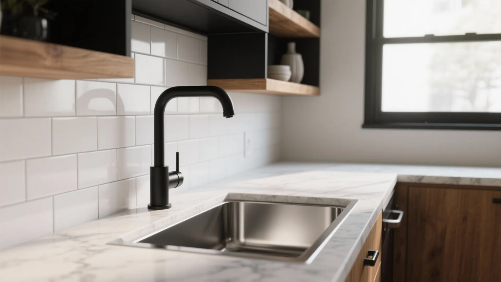 Modern black faucet on white marble countertop with stainless steel sink and white subway tiles