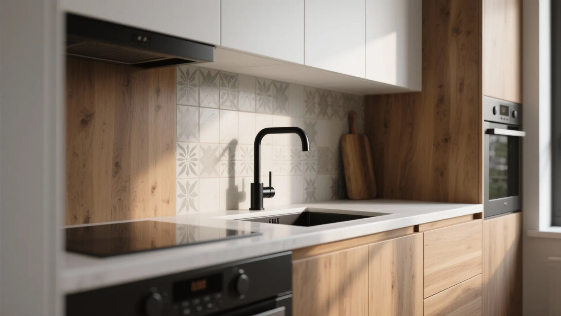 Modern kitchen with black faucet white countertop patterned wall tiles wooden cabinets and built-in oven