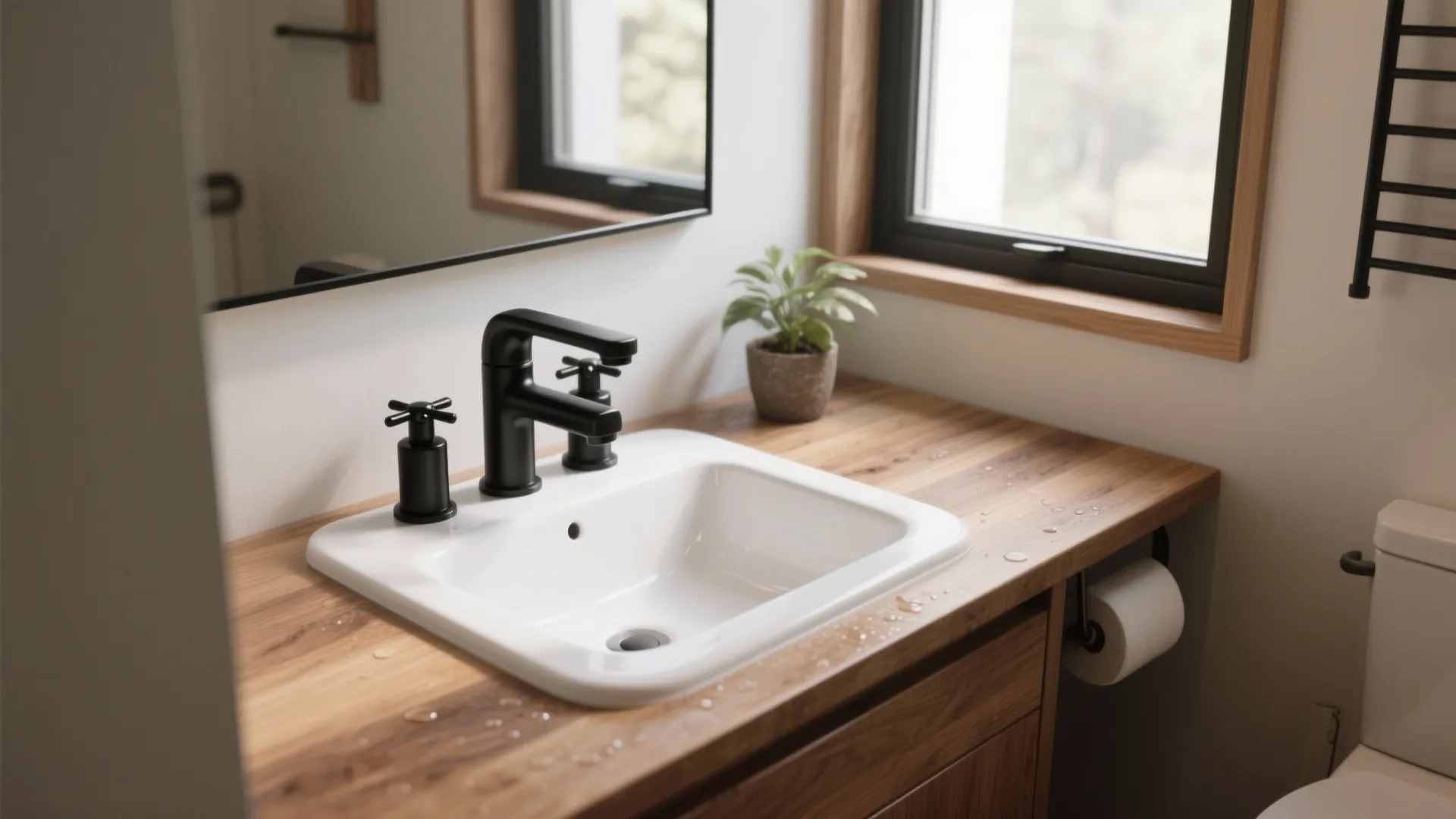 Close up of black tap with water flowing into marble sink against a wood wall