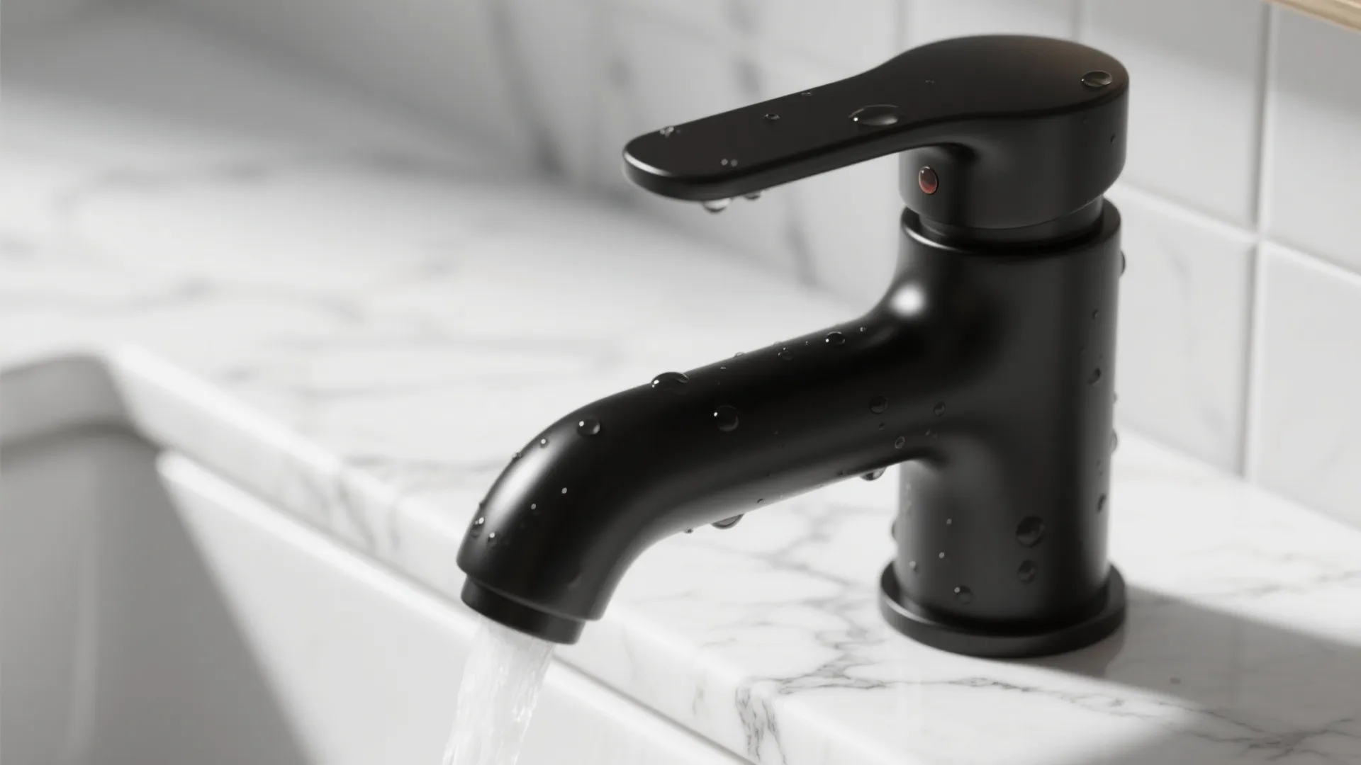 Modern black bathroom faucet on white marble counter with running water and small water drops