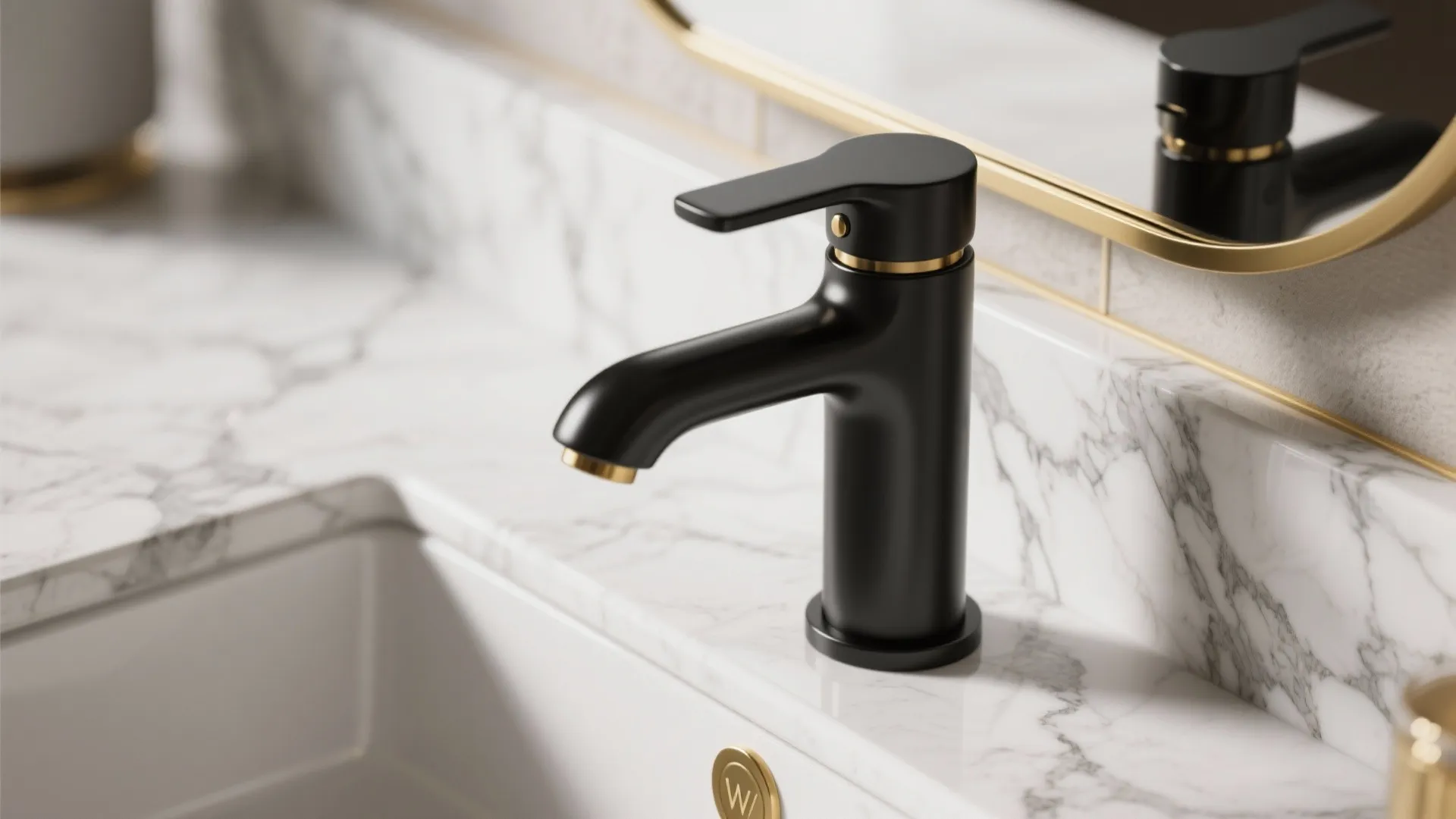 Matte black water tap with gold trim installed on white marble countertop in modern bathroom