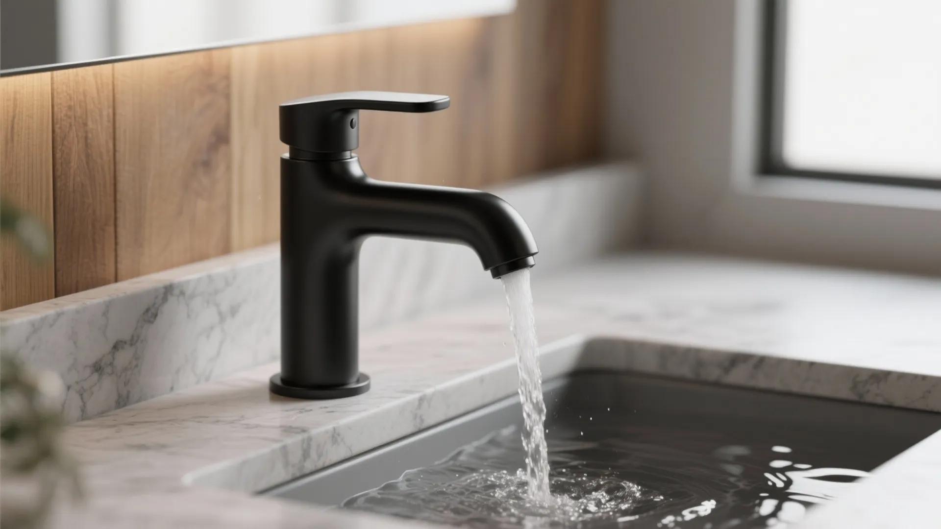 3. Matte black faucets with clean lines