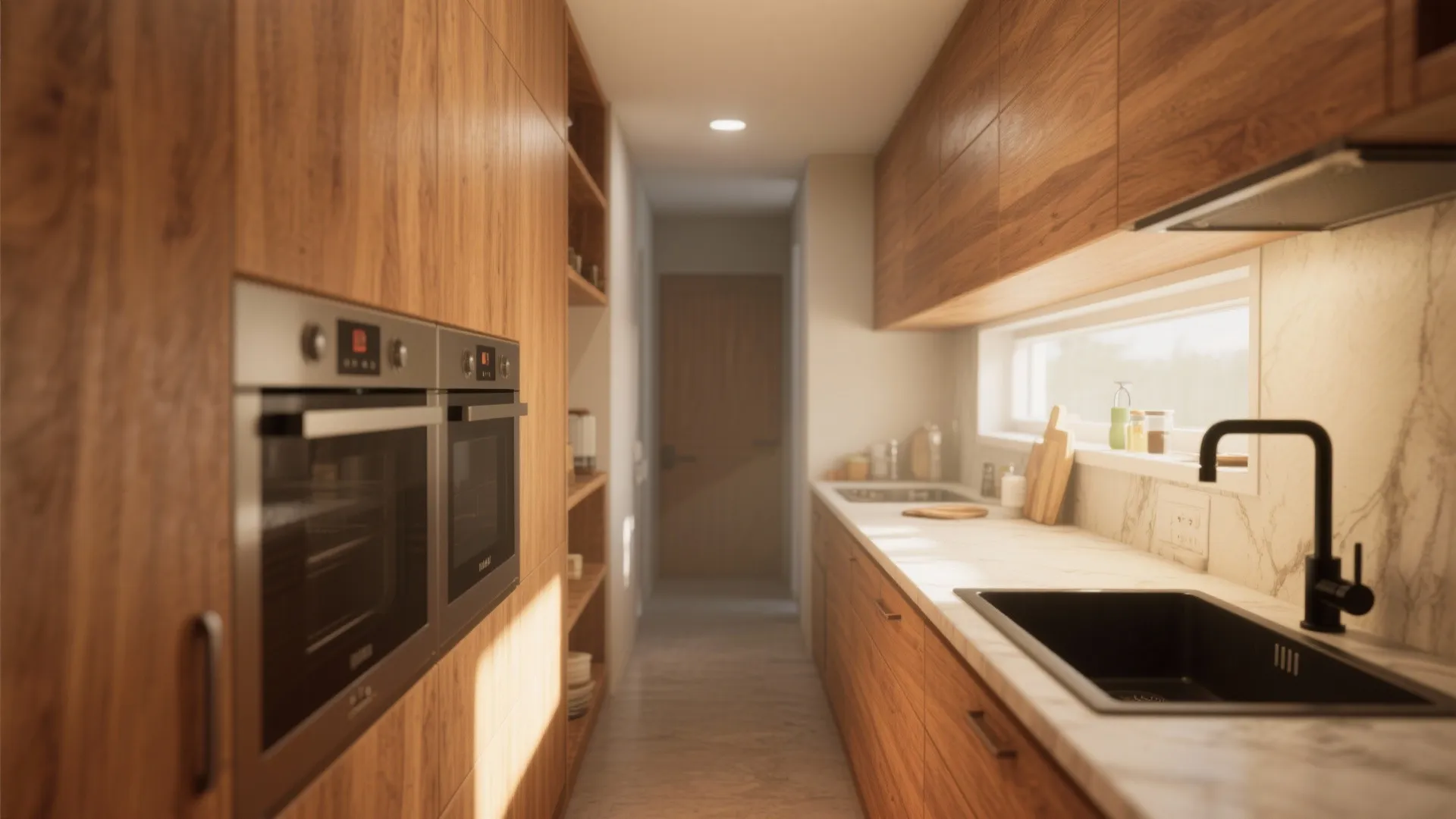 Modern galley kitchen with warm wood cabinets white marble countertop black sink and built-in ovens