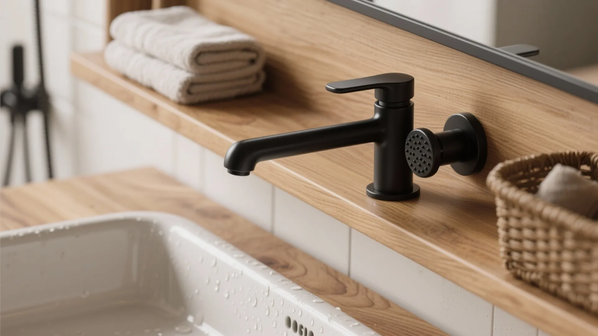 1. Matte black fixtures with warm wood shelving