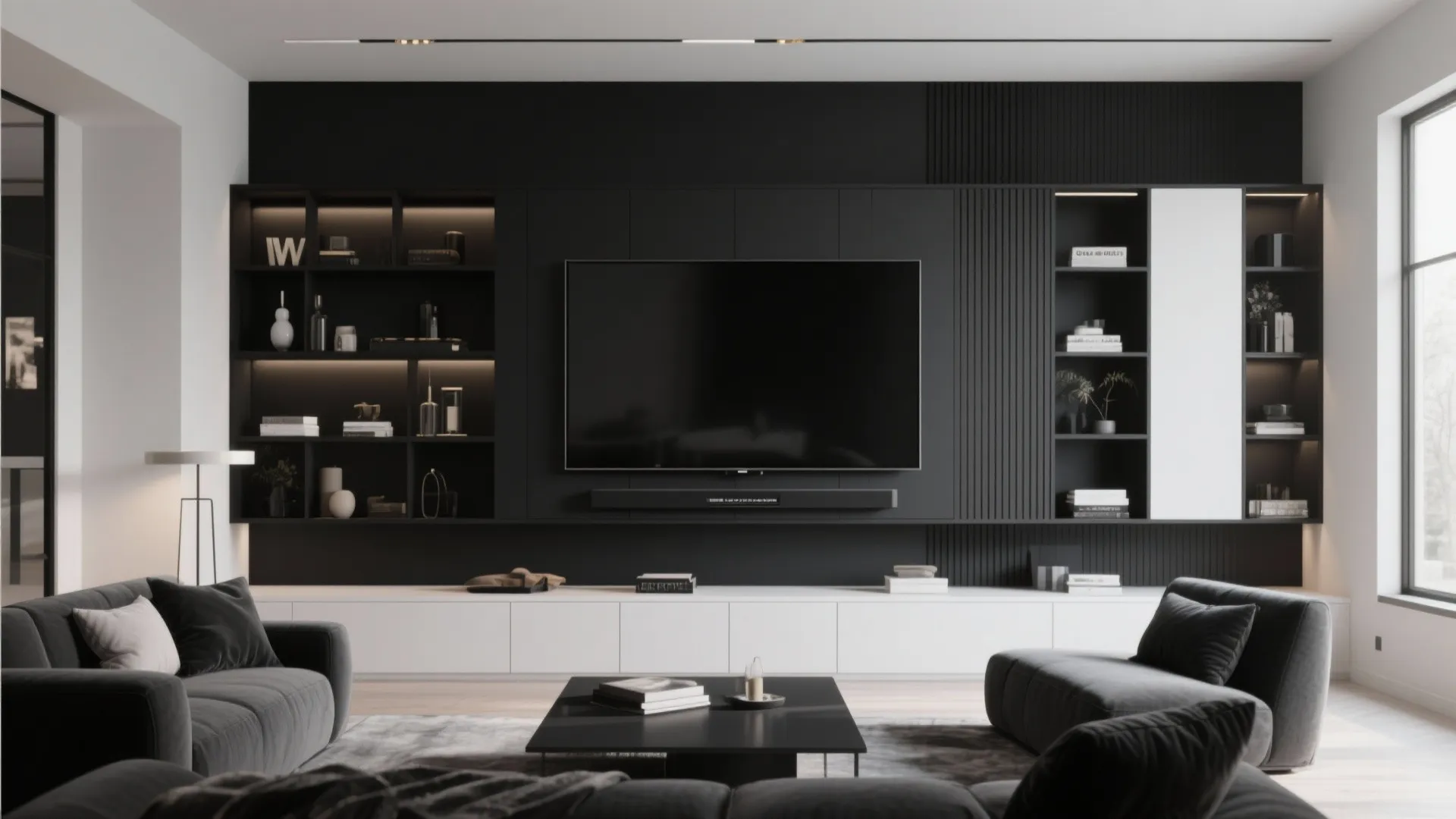 8. Black Feature Wall with Built-in Media Unit