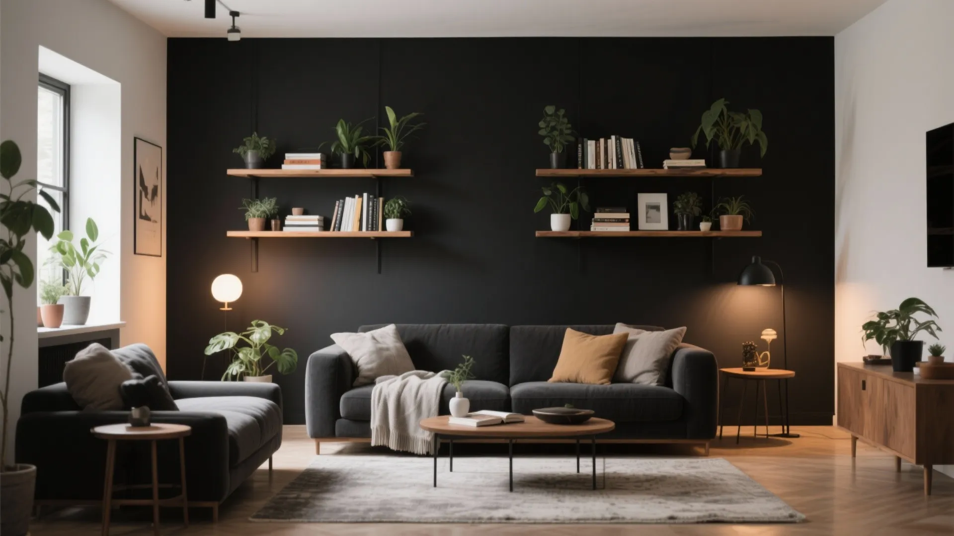 Black accent wall with floating wooden shelves in a living room