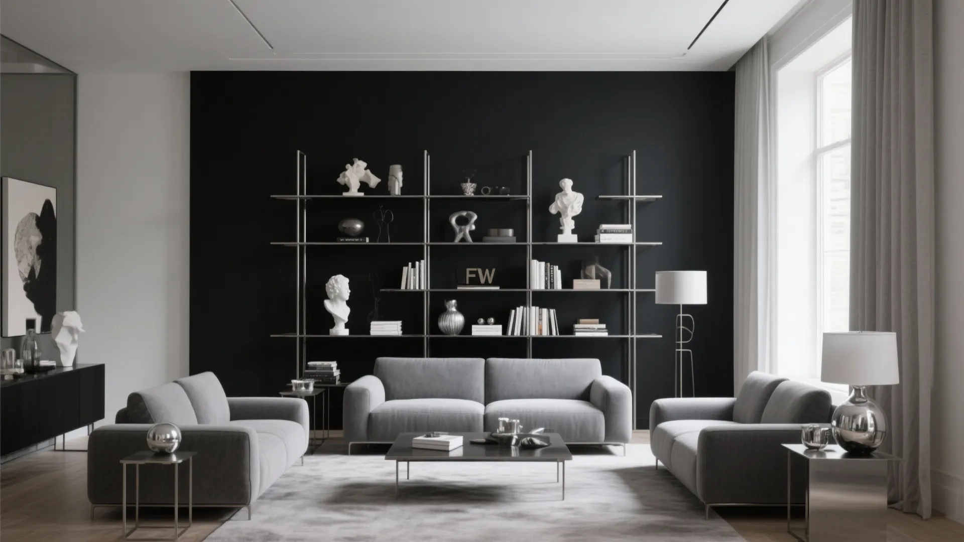 Living room with a black feature wall and industrial shelves