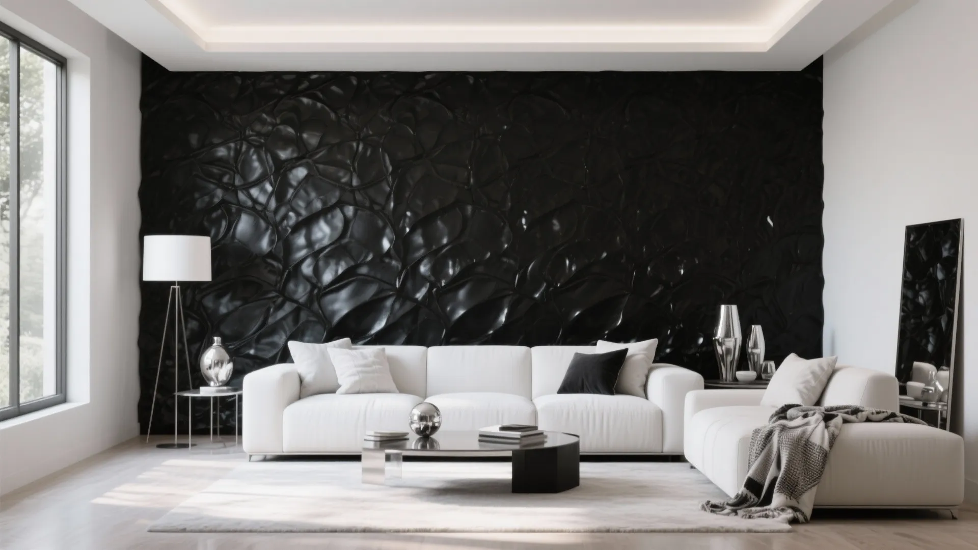 Living room with black textured feature wall and white sofa