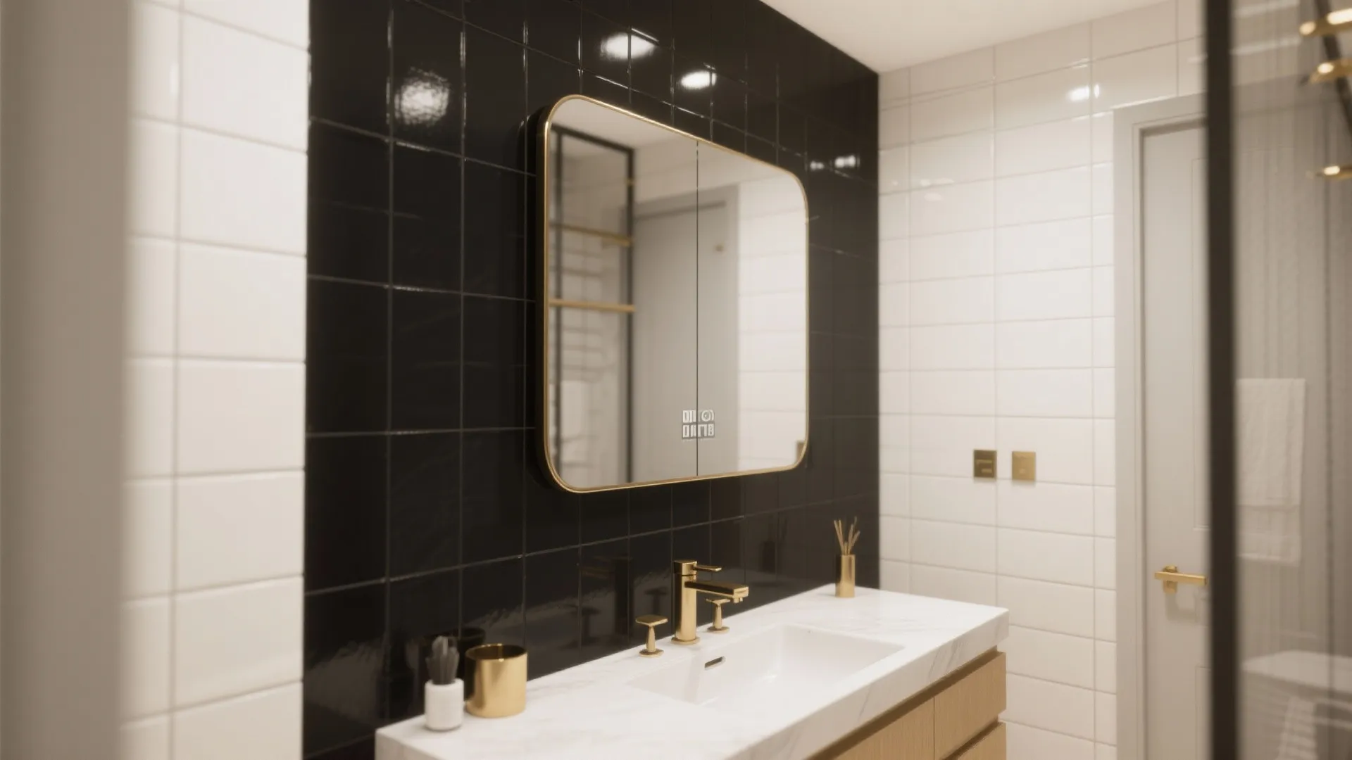 Modern bathroom with black wall tiles gold faucet white sink cabinet and a large mirror