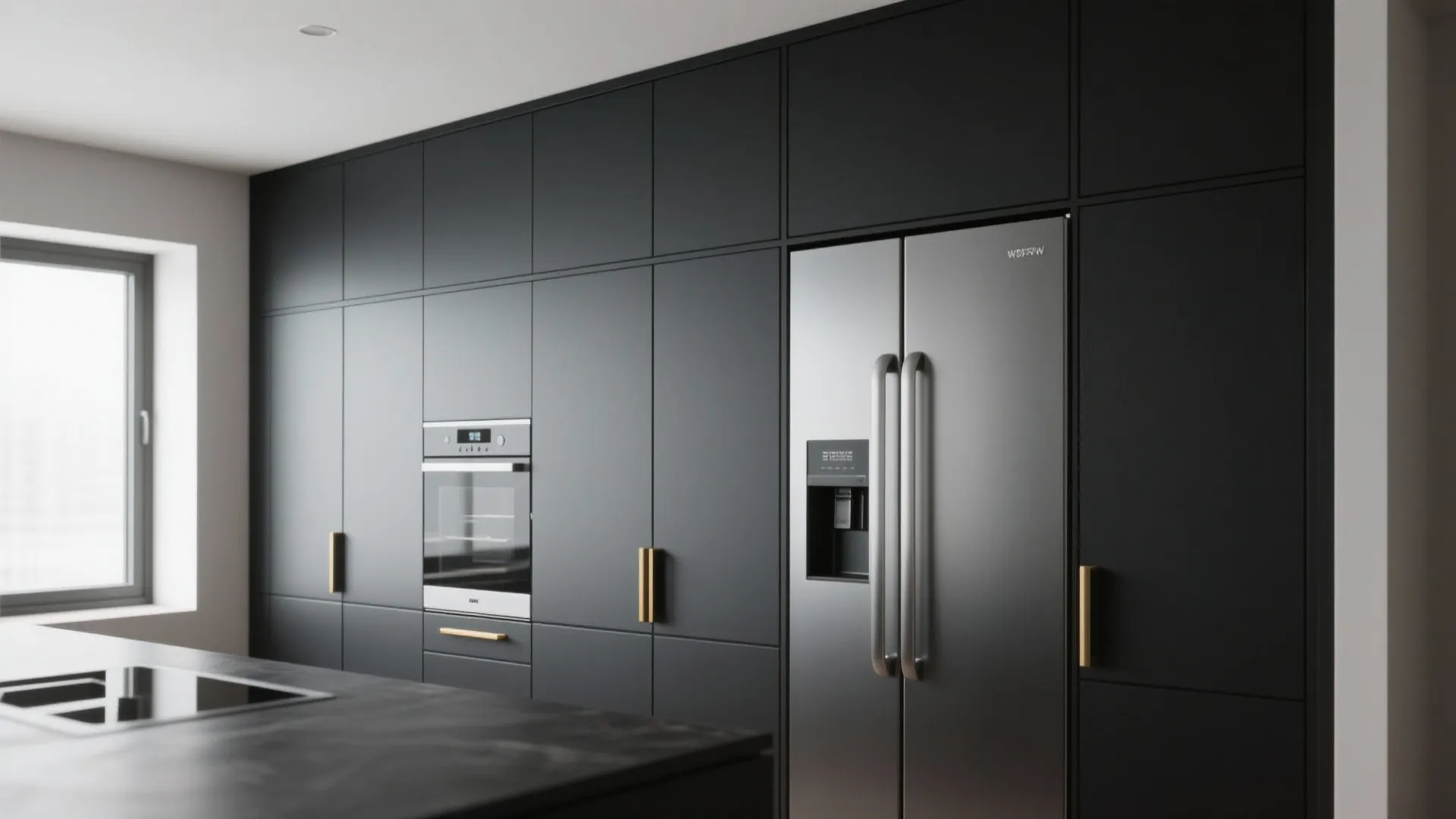 Feature wall of matte black cabinets concealing integrated appliances for a seamless look